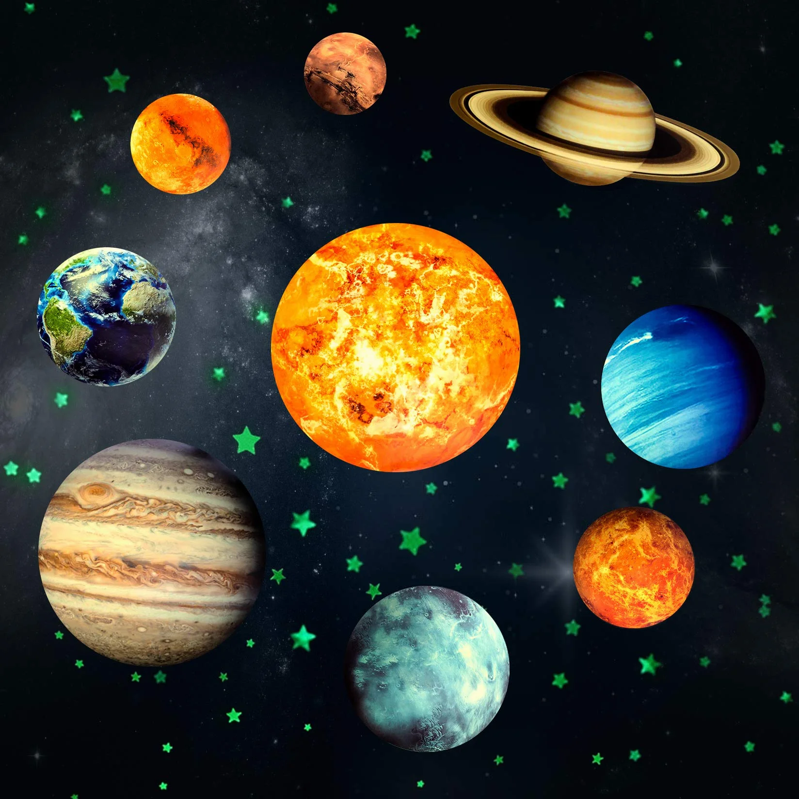 Yosemy Luminoso Pegatinas de Pared 9 Planetas Estrellas Sistema Solar Fluorescente Adhesivos Decoración Dormitorio