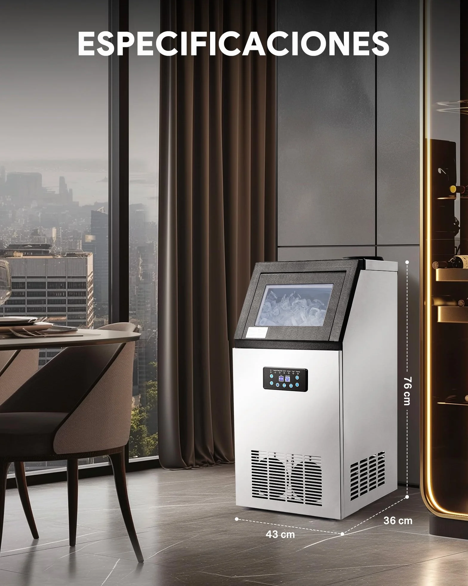 CREWORKS Máquina de Hielo Industrial 73 kg/24 h, 45 Cubitos por Ciclo, Almacenamiento 10 kg, Máquina para Hacer Hielo en Cubos para Bar, Restaurante y Cafetería
