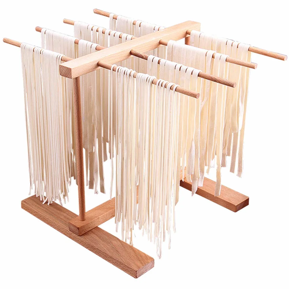 DIYARTS Plegable Soporte Secador Pasta, 8 Hileras de Madera de Haya Secadoras de Espaguetis Pasta Fideos Secado Soporte para Colgar