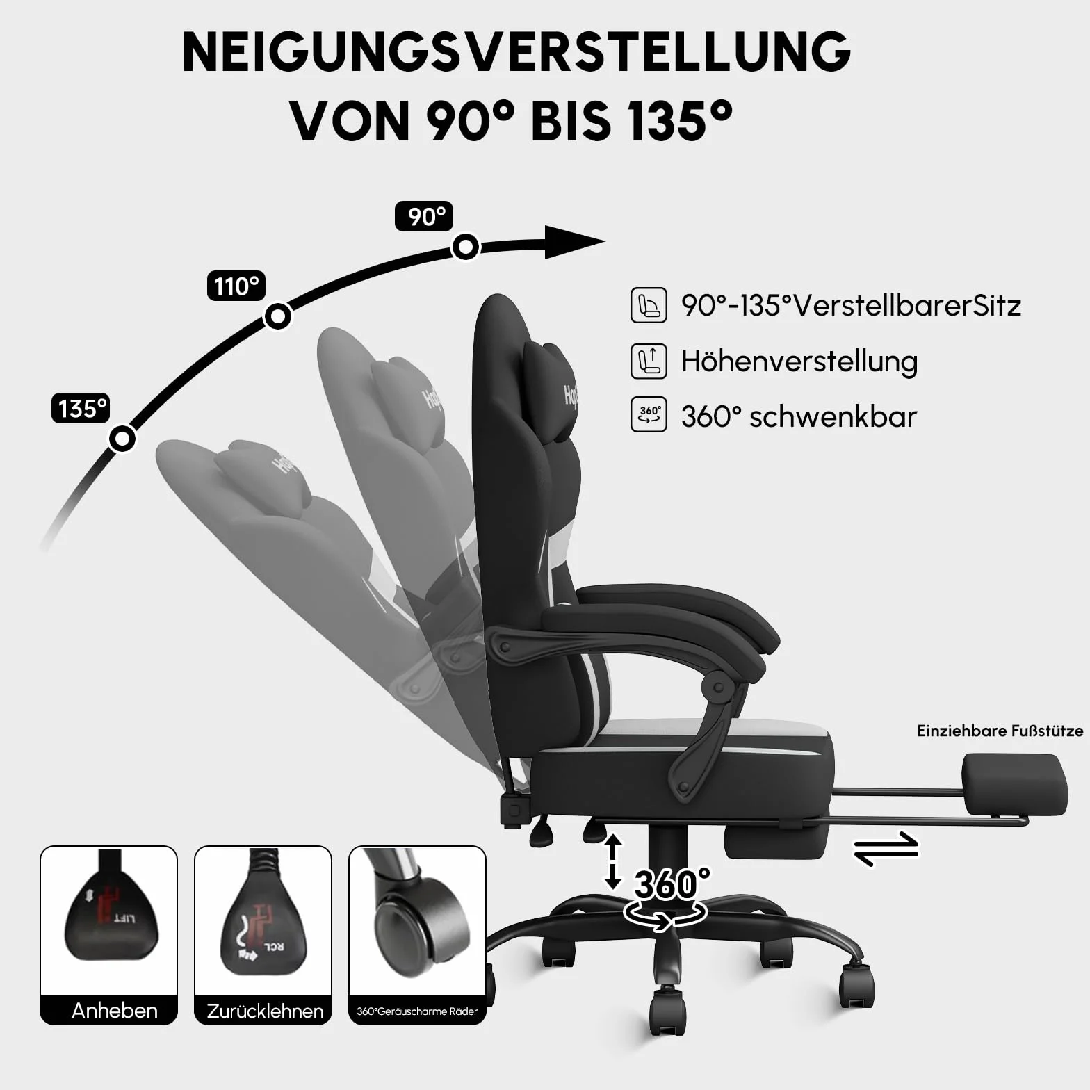 HapGIFT Silla Gaming Ergonómica Reclinable con Masajeador, Silla de Juegos con Reposacabezas y Reposapiés, Asiento Gaming Altura Ajustable, para Adultos, 150 kg, (Gris)