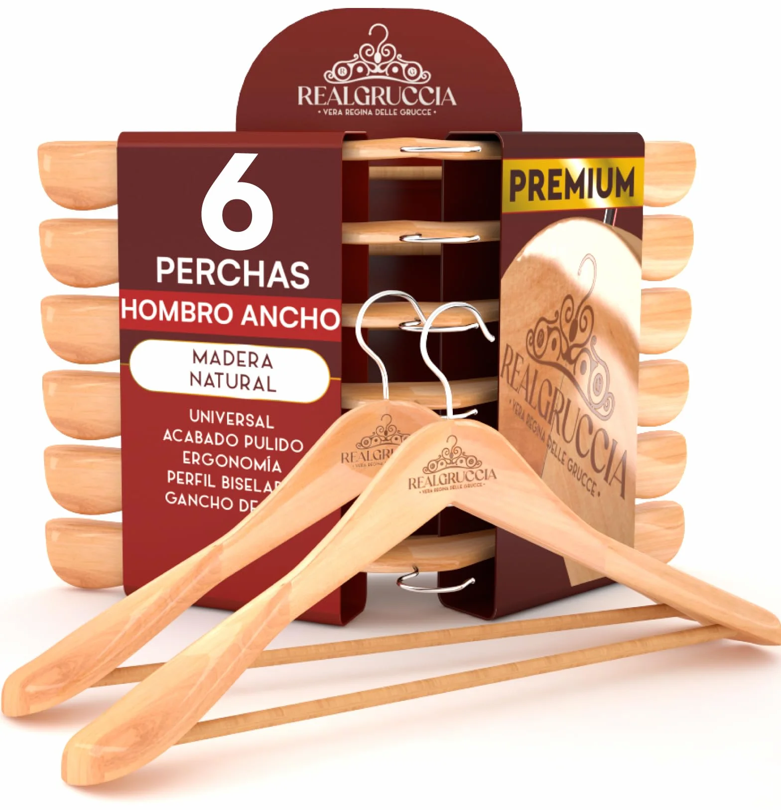 6 Perchas de Madera Natural con Hombros Anchos para Ropa Trajes Abrigos 24x45cm RealGruccia - Barra para Pantalones Gancho Giratorio 360° - Acabado Liso y Perfil Biselado