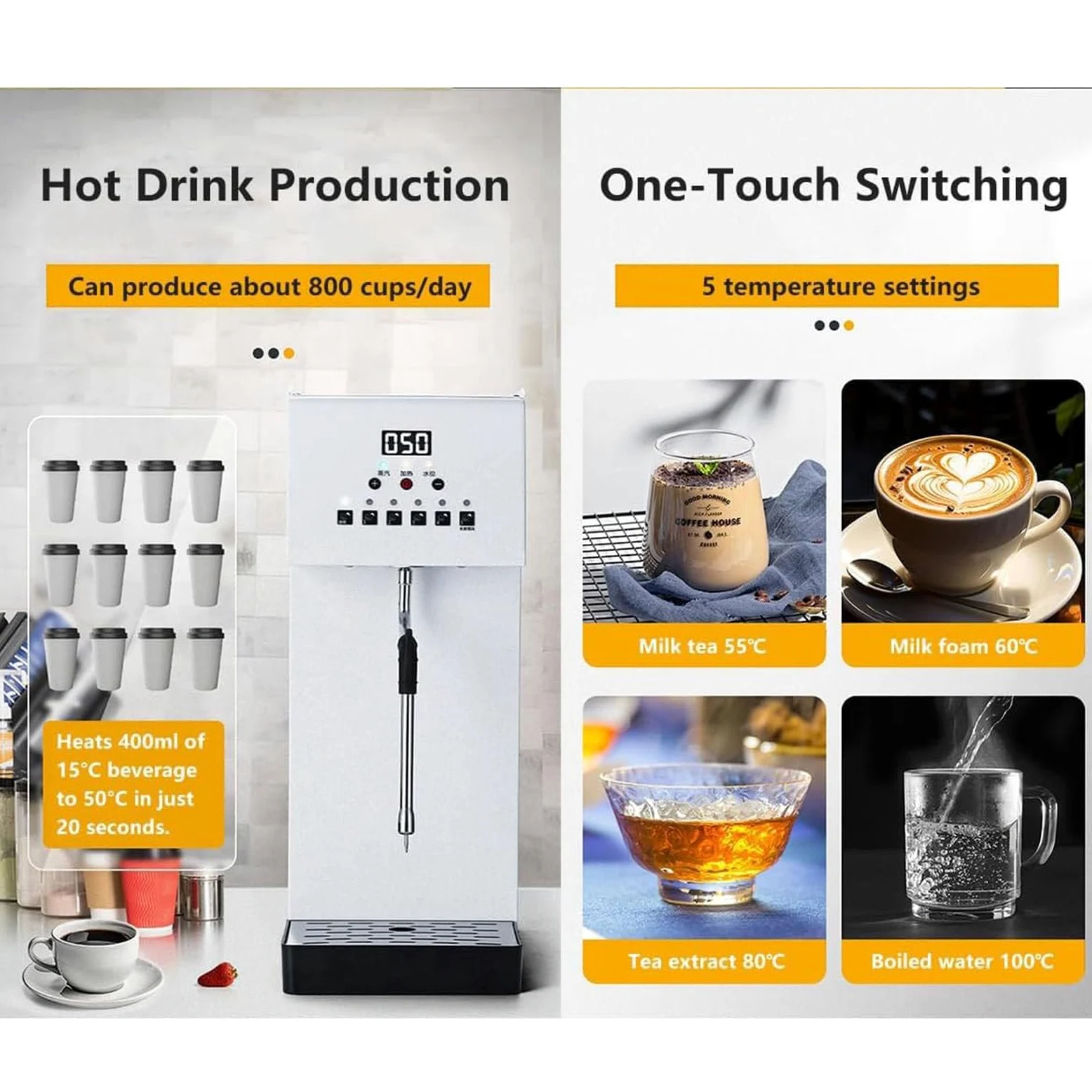 Espumador de leche eléctrico comercial con pantalla LED, calentamiento rápido de 2500 W, gran capacidad de 6 L para cafeterías y teterías.