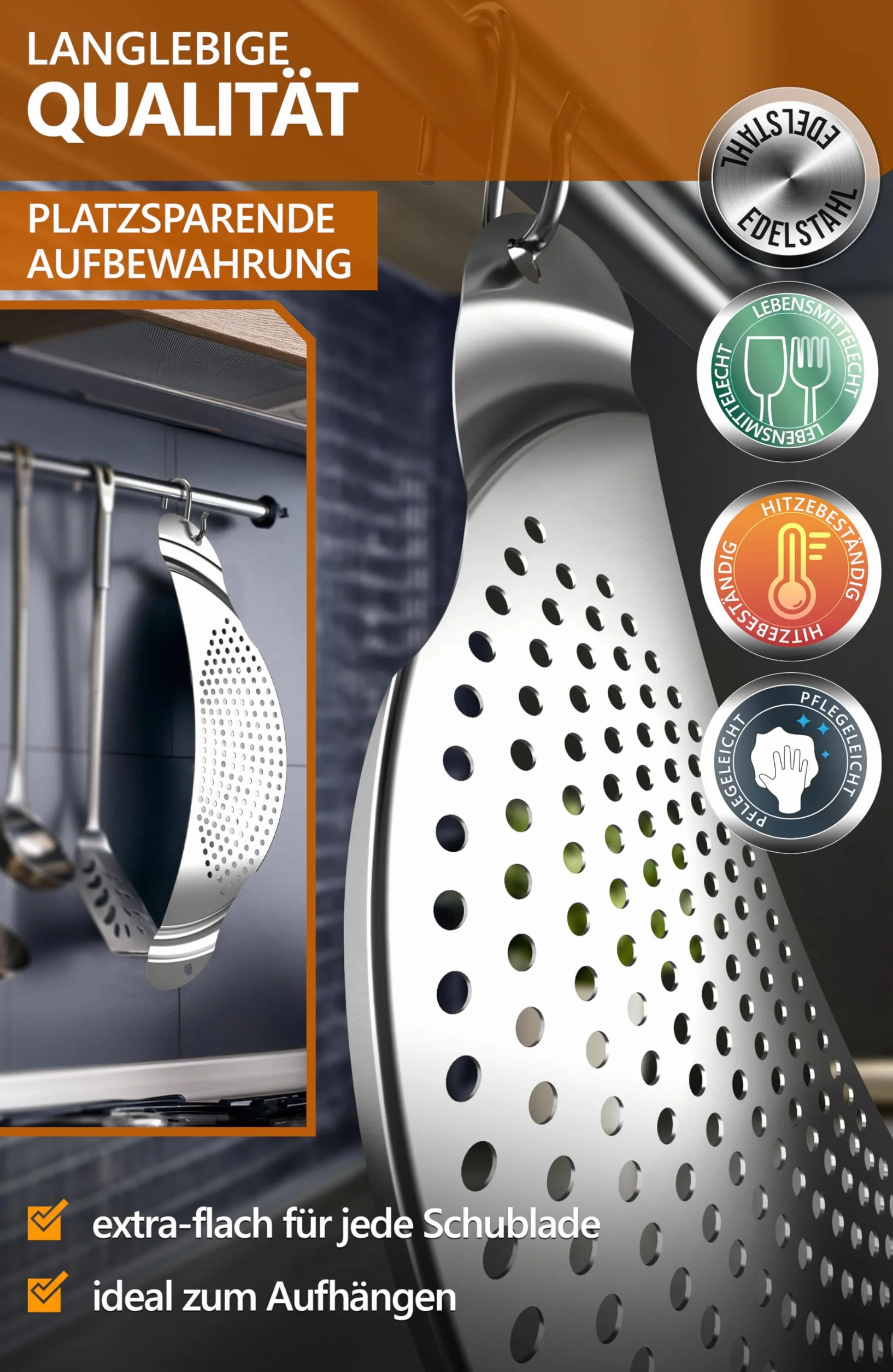 4smile Colador para Cocina – Utensilio de Acero Inoxidable para Verter Ollas de hasta 26 cm de Diámetro – Diseño Plano que Ahorra Espacio, Práctico para Pasta y Patatas
