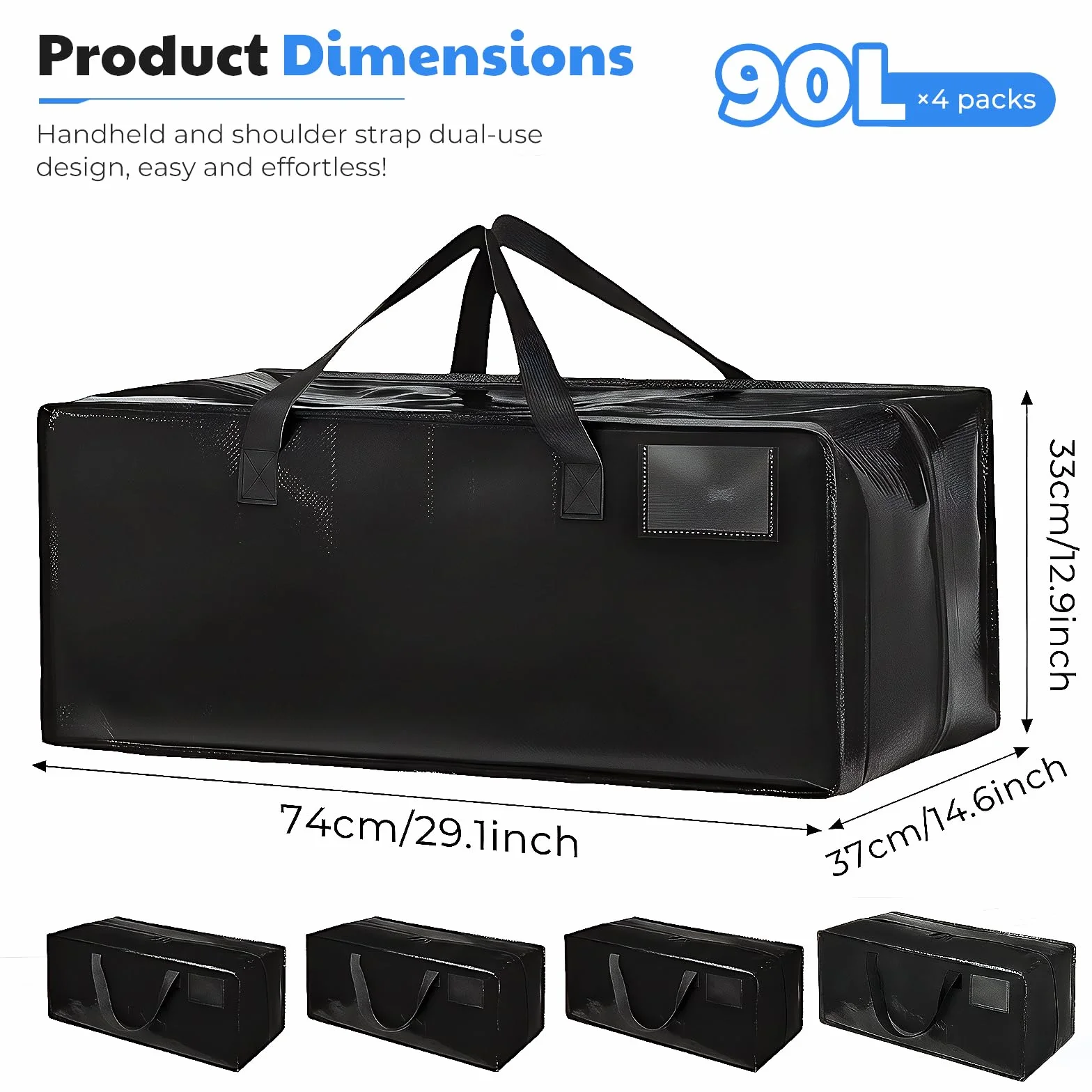 Bolsa Mudanza Grande 90L, Impermeable Bolsas de Mudanza con Correas de Mochila, Cremallera y Asas Resistentes, Bolsas de Almacenamiento Ahorrar Espacio para Guardar Ropa y Embala (Negro, 4pcs)