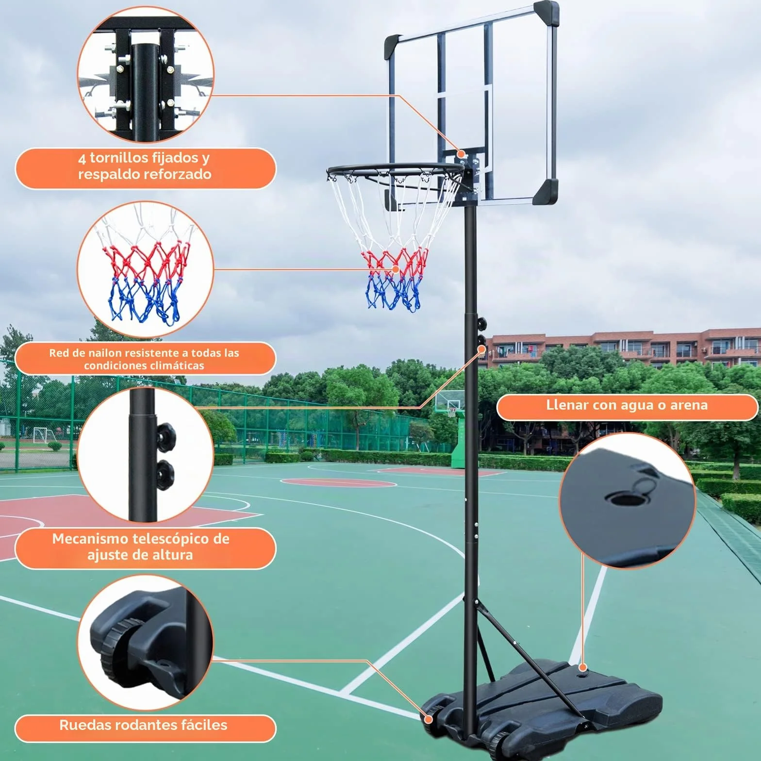 HIONRE Canasta de baloncesto portátil 7 pies tablero trasero transparente altura ajustable 165-213cm negro