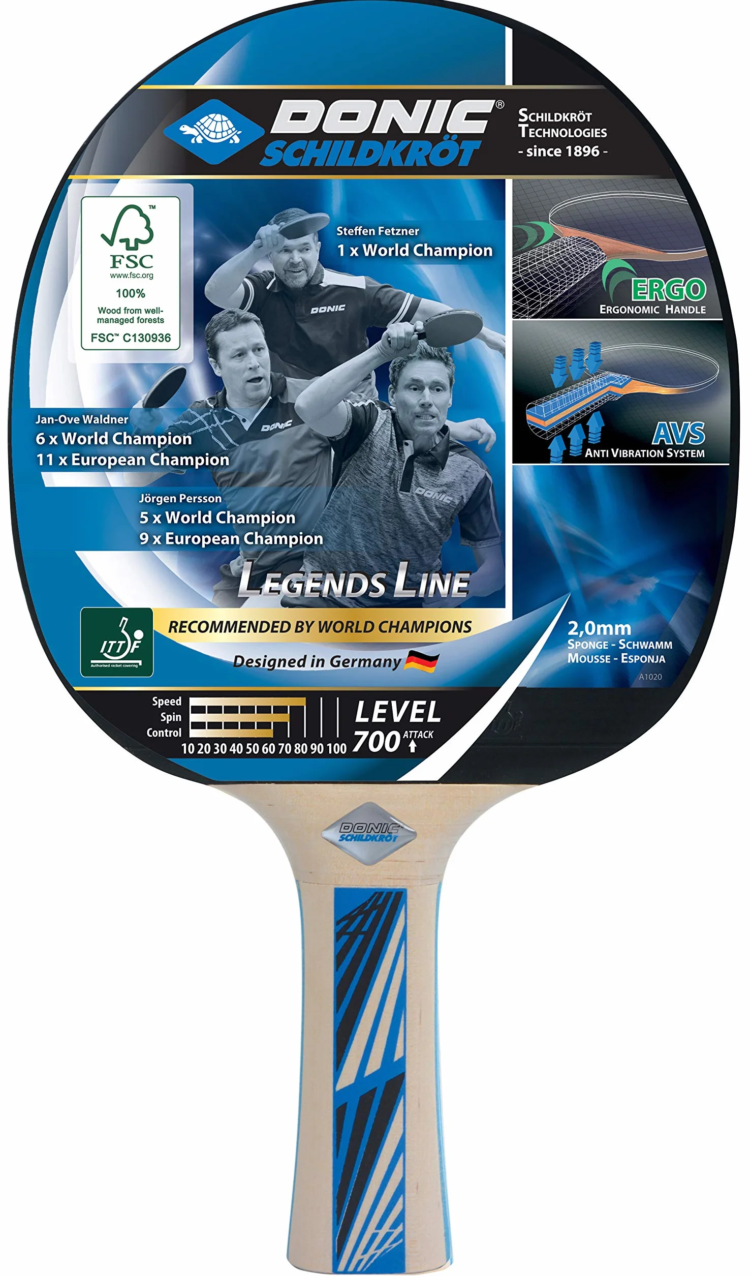 Donic-Schildkröt Legends 700 FSC AVS Ergo Rakietka do Tenisa Stołowego 2mm Gąbka