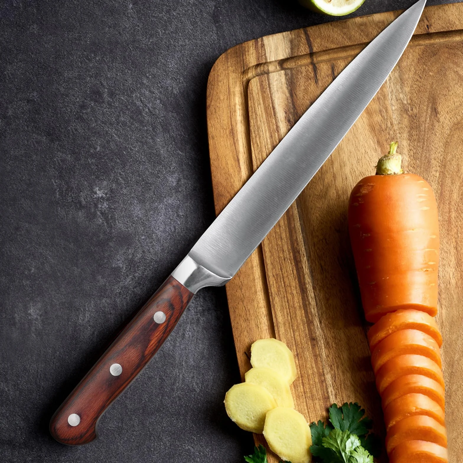 Set 2 Utensilios Barbacoa, Utensilios para Barbacoa de Acero Inoxidable, Cuchillo de trinchar y tenedor de 2 piezas, Mango de Madera 100% natural, Cuchillo para Carne y Tenedor para Carne