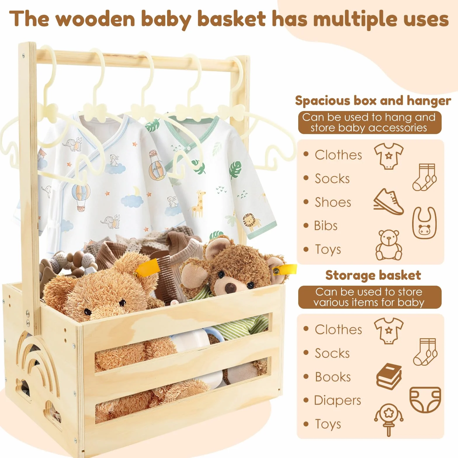 Cesta de regalo para bebé de madera con asa y 5 percheros, personalizada para recién nacidos