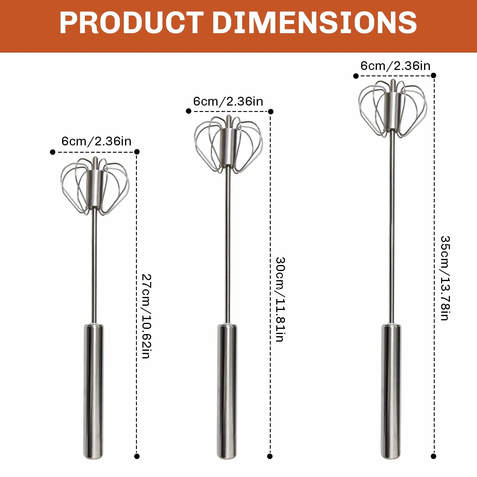 3 Piezas Batidor Semiautomático de Acero Inoxidable, Batidor Manual de Huevos con Mecanismo de Resorte Barillas Batir Manual para Mezclar, Revolver la Masa, Huevos, Espumar, Batir