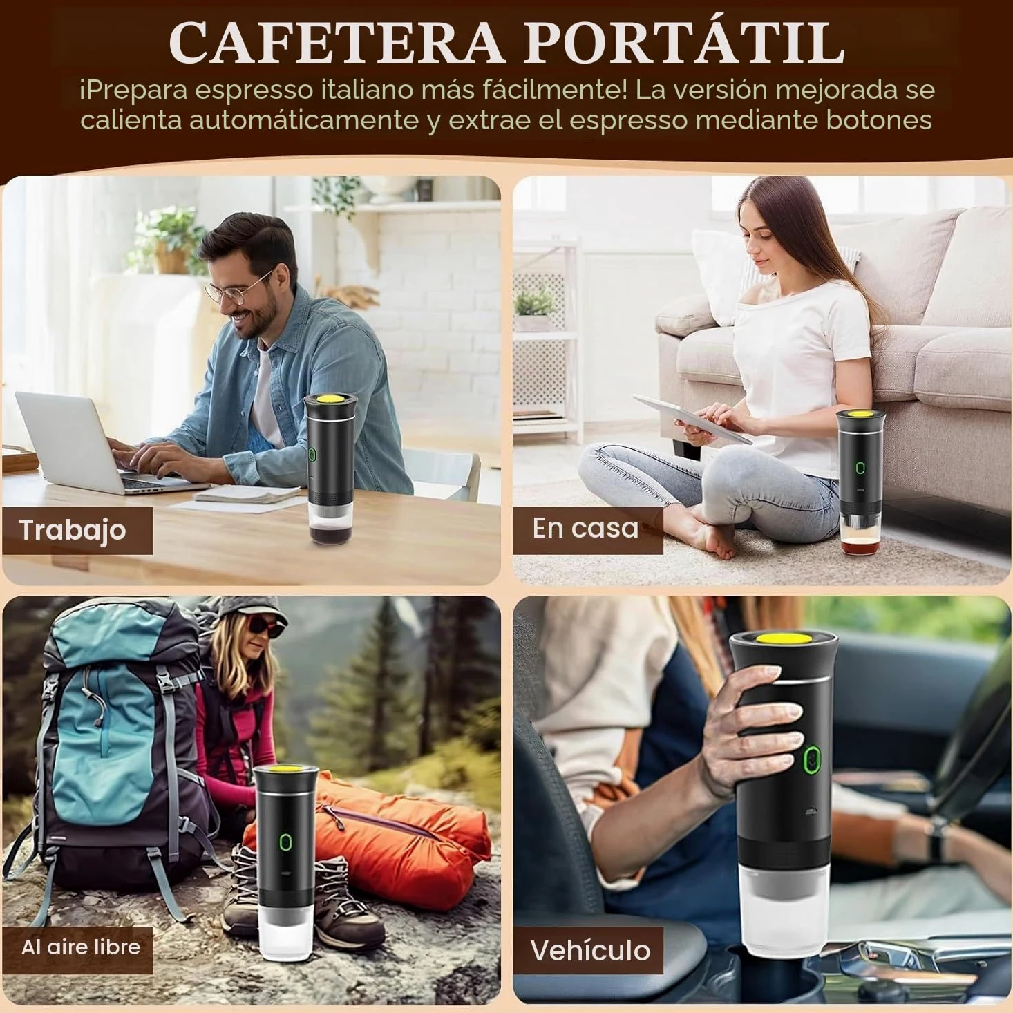 Máquina de café expreso portátil, autocalentamiento de 4 a 6 minutos, cafetera portátil 3 en 1, carga de tiempo lento, 50 cápsulas, para una pequeña