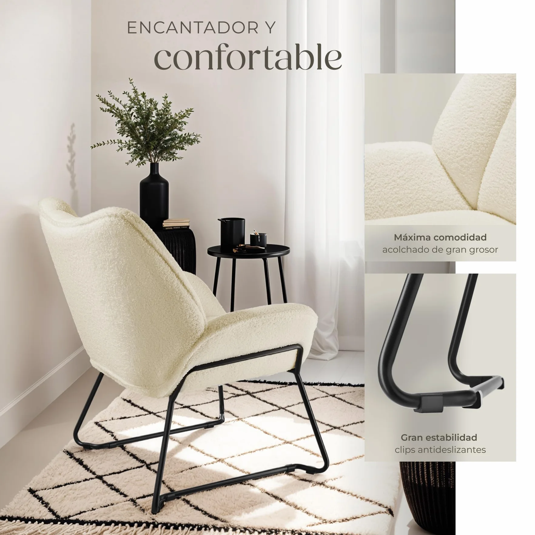 tectake® Sillón de Bouclé Acolchado y Reclinable, Butaca Escandinava con Reposabrazos y Respaldo, Tapizado de Espuma de Alta Densidad, Estructura de Acero con Protección Antideslizante - Crema/Blanco