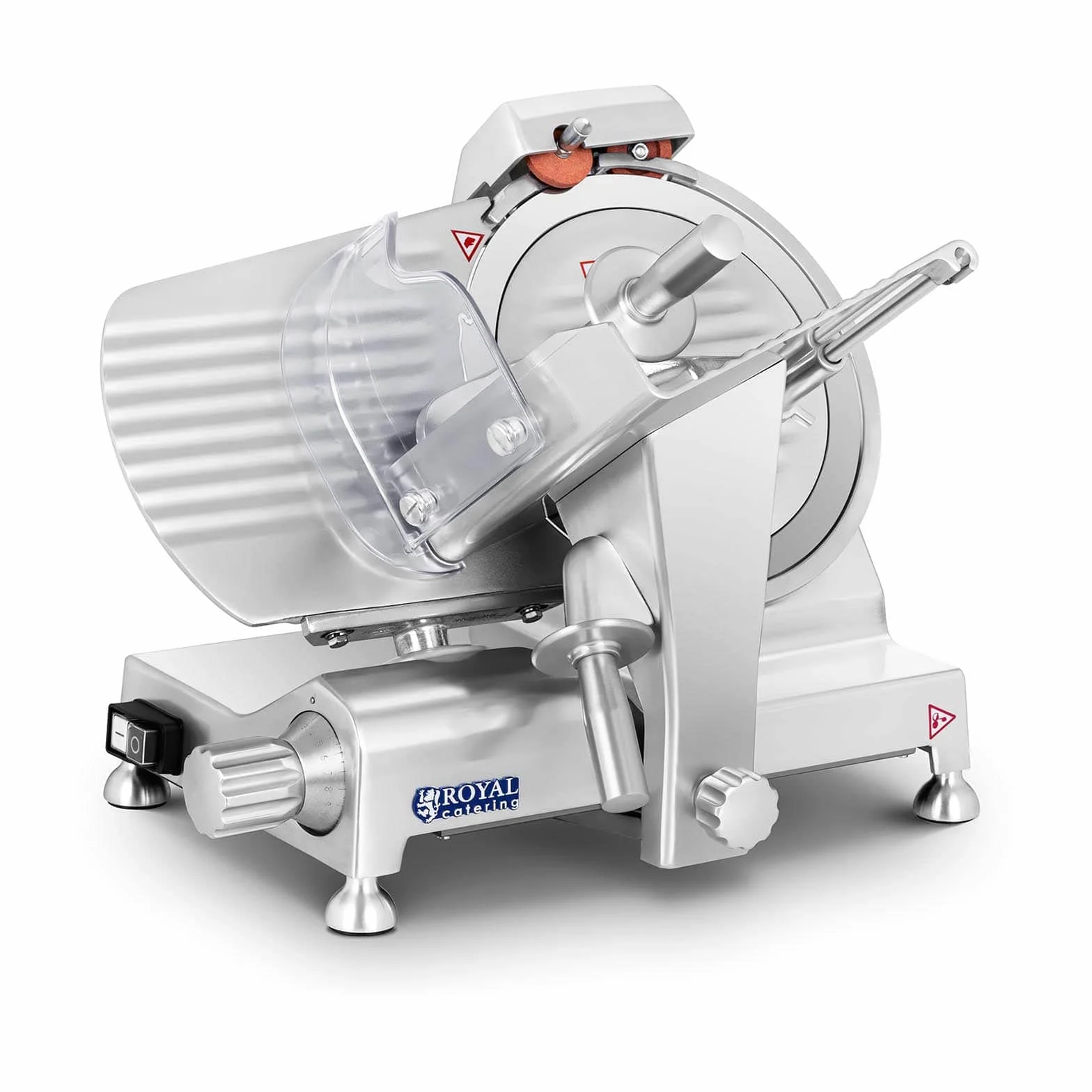Royal Catering Cortafiambres Cortador De Fiambres Para Carnicería RCAM-250EXPERT (Cuchilla: Ø 250 mm, Corte hasta 12 mm, 180 W, Con afilador)
