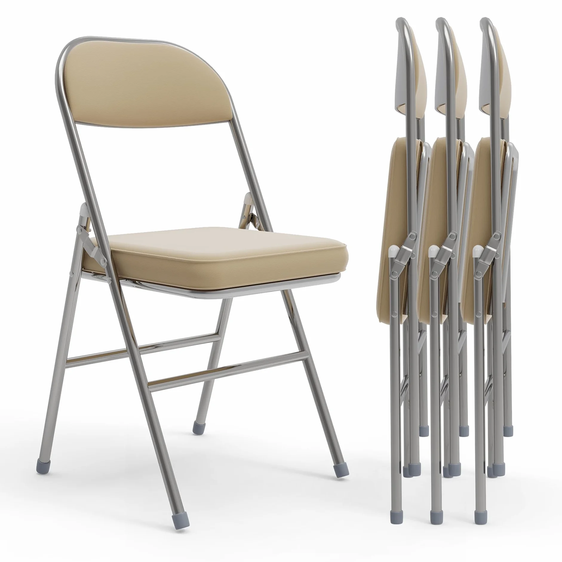 Juego de 4 Cómoda Silla Plegable sillas Plegables de Cuero para Cocina con cojín Grueso, sillas de Comedor Plegables para Cocina, Interior, Exterior, Sala de conferencias Beige