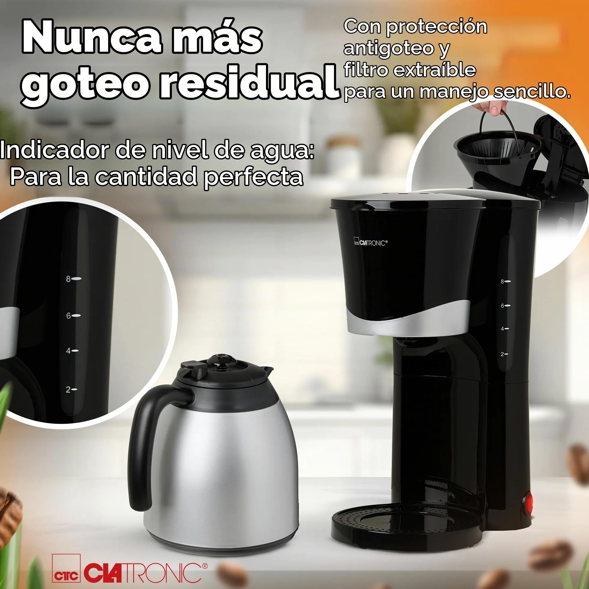 Clatronic Cafetera para 8-10 tazas de café de filtro, con jarra térmica, sistema antigoteo y desconexión automática, filtro extraíble, indicador de nivel de agua aproximativo 1 litro, KA 3327 negro