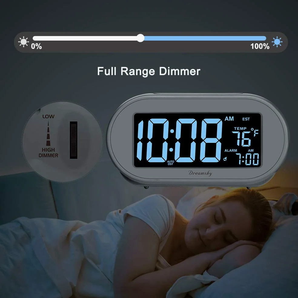 DreamSky Reloj despertador para dormitorio, reloj digital de escritorio para mesita de noche, reloj eléctrico con regulador de brillo regulable, DST automático, puerto USB, fecha, temperatura