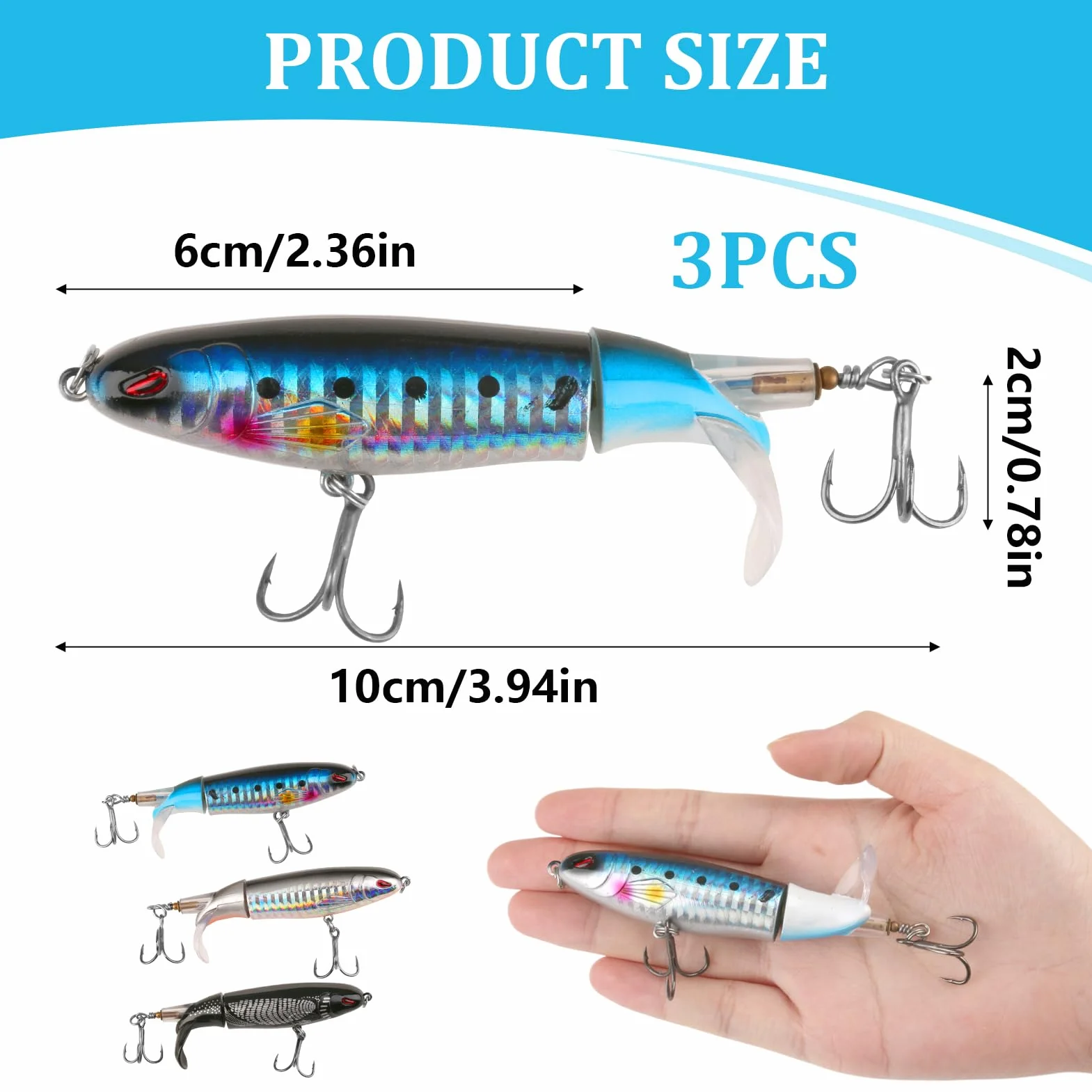 3 señuelos de pesca Topwater con anzuelos Pencil – Señuelos para bass, catfish, pike y perch – Señuelo flotante de agua salada o dulce con hélice de cola