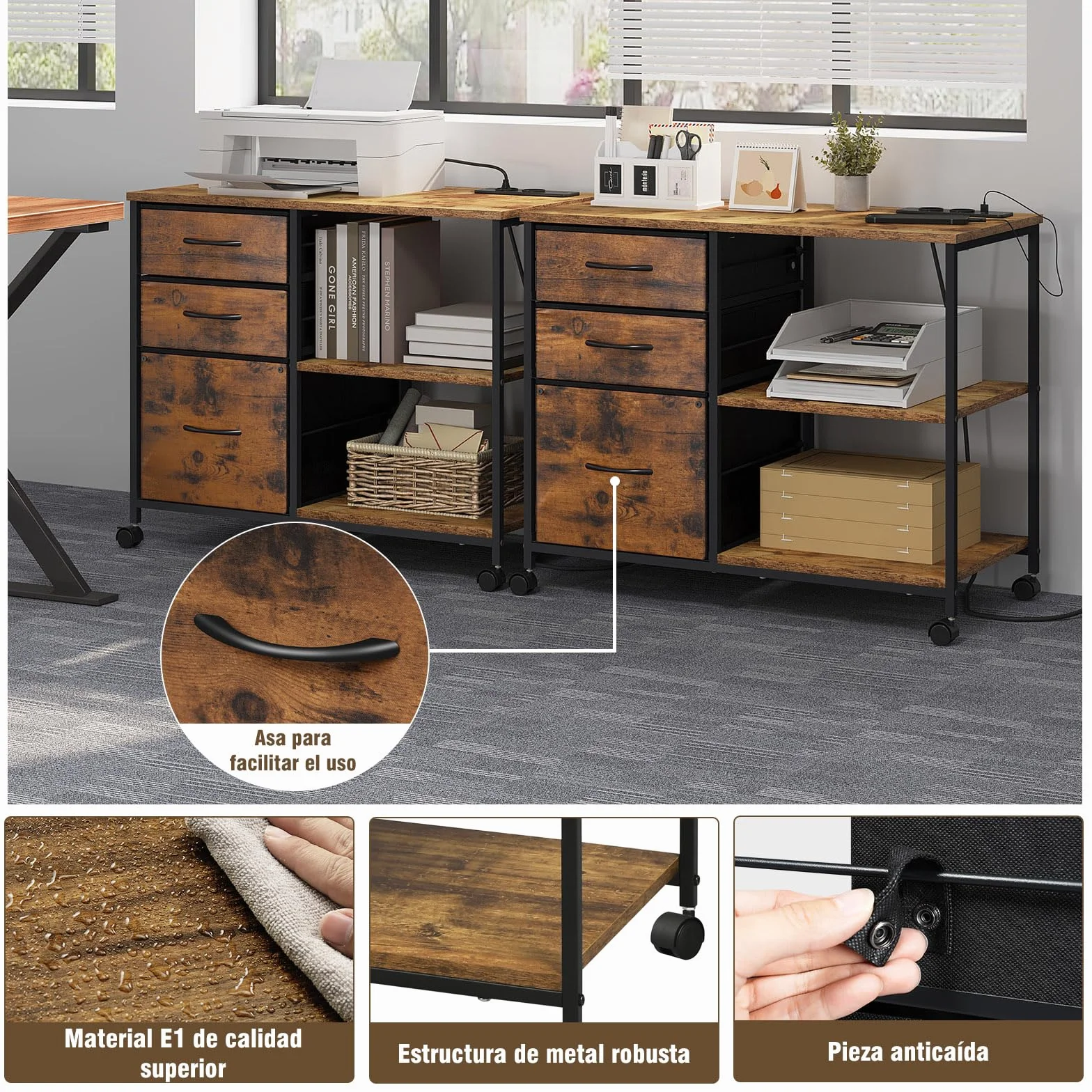 WOLTU Cajonera Móvil con Ruedas, Armario Archivador Movil de 3 Cajones, Gabinete de Metal con Enchufes y Puerto USB, para Oficina y Estudio, 80x40x66 cm, ASK07shm