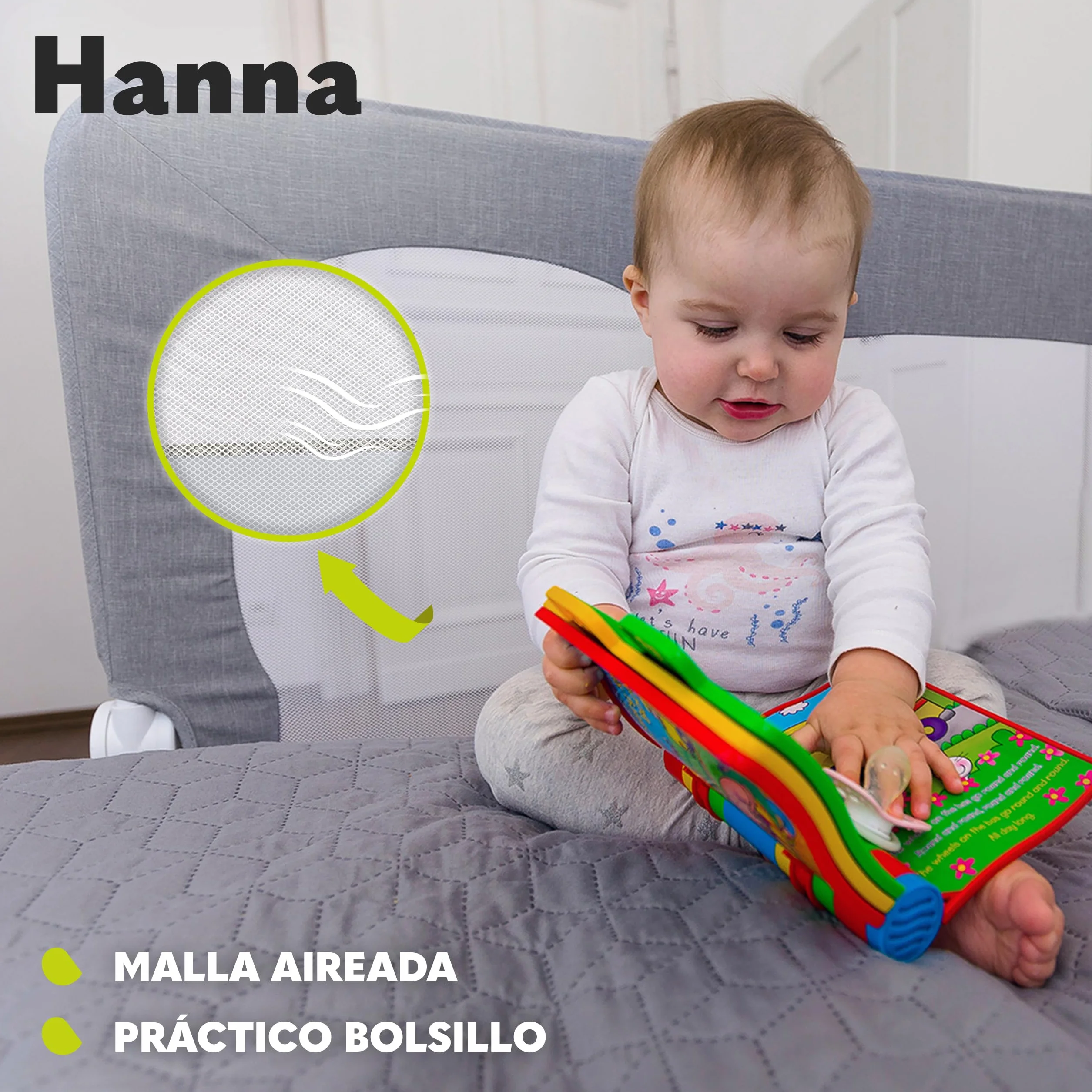 lionelo Hanna Barrera de Cama 150 x 65 cm – Protección contra Caídas con Cinturones SecureBelt, Apta para la mayoría de los colchones, Malla Transpirable, Fácil Montaje