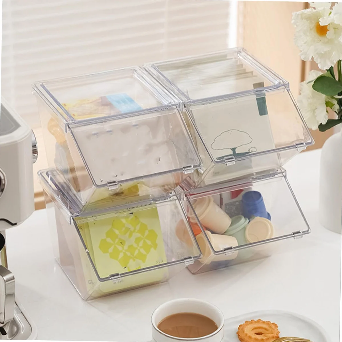 LIFKOME Organizador De Bolsitas De Té y Café Acrílico, 4 Piezas, Compacto y Transparente, Resistente y Liviano, Para Cocina y Despensa, Caja Apilable Capacidad Grande