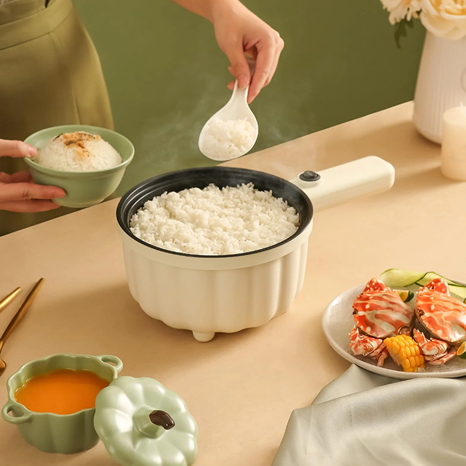Olla eléctrica de 2 litros con vapor, olla caliente eléctrica, mini multicocina antiadherente, antiadherente mini sartén eléctrica, cocina ramen rápida para el hogar, oficina dormitorio