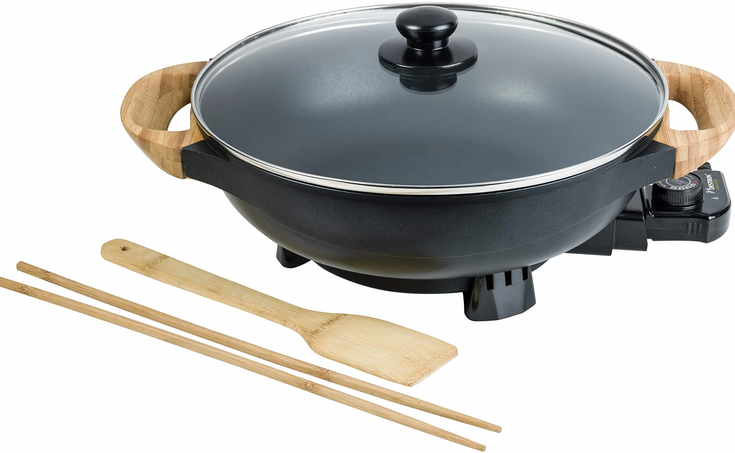 Bestron AEW100AS Wok eléctrico con asas de bambú, sartén wok XL con tapa de cristal en diseño asiático, incluye espátula de bambú, 2 palillos de cocina y libro de recetas, 1500 W, color negro, metal,
