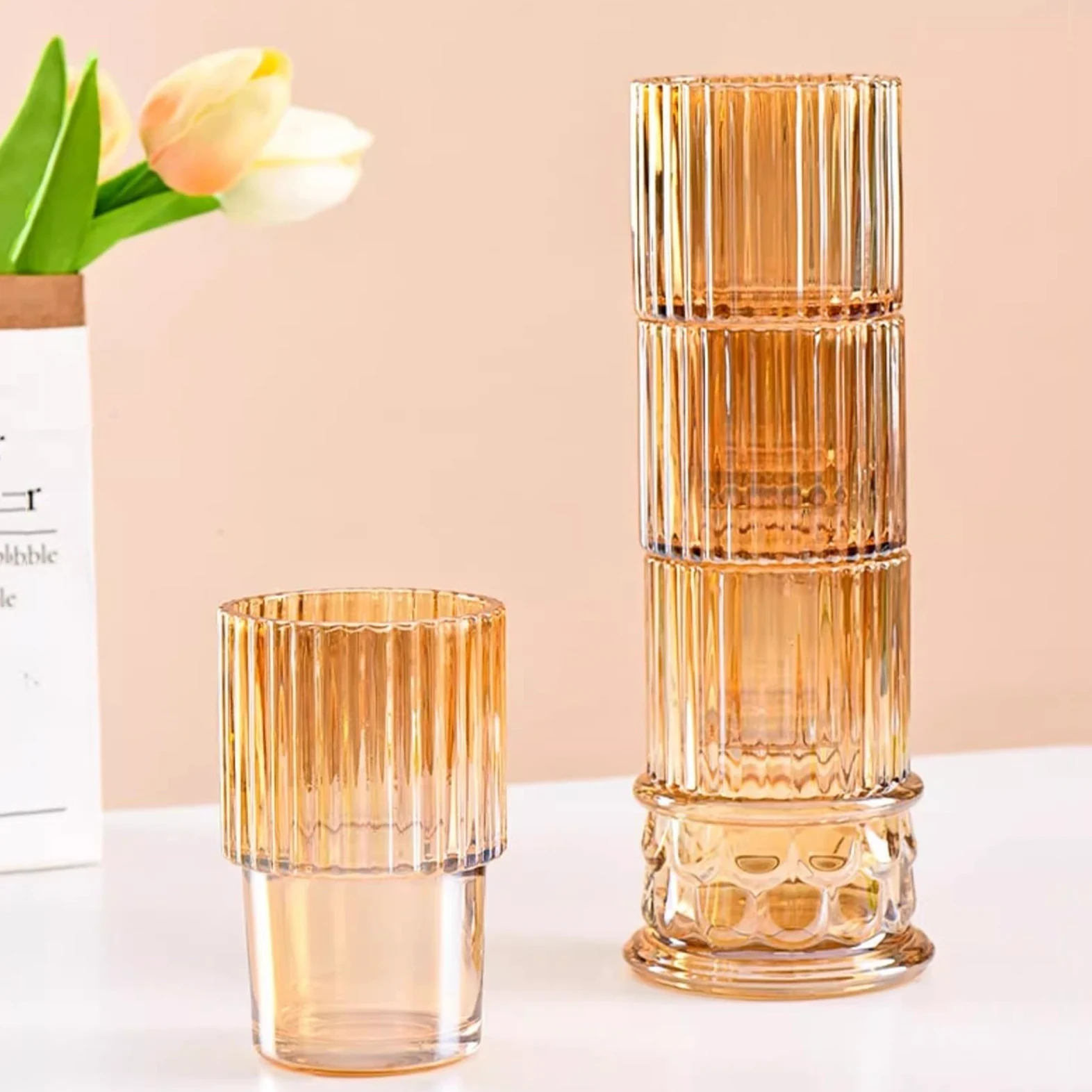 vasos de vidrio Juego de 4 vasos color ámbar, vidrio apilables con forma columna romana y relieve Cristalería de cocina