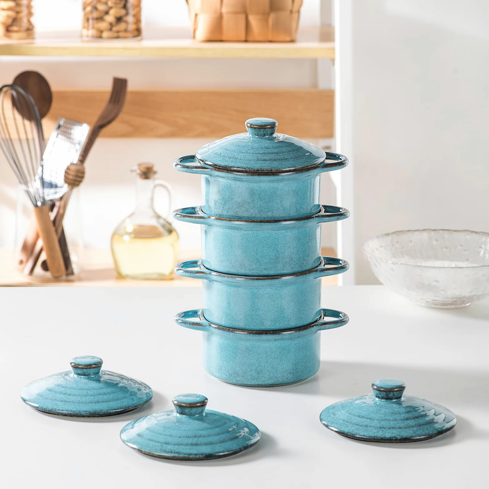 HENXFEN LEAD Cazuela de cerámica, 350 ml, mini ramequines de soufflé de cocottes con tapas y asas, juego de 4 moldes pequeños para hornear, azul reactivo