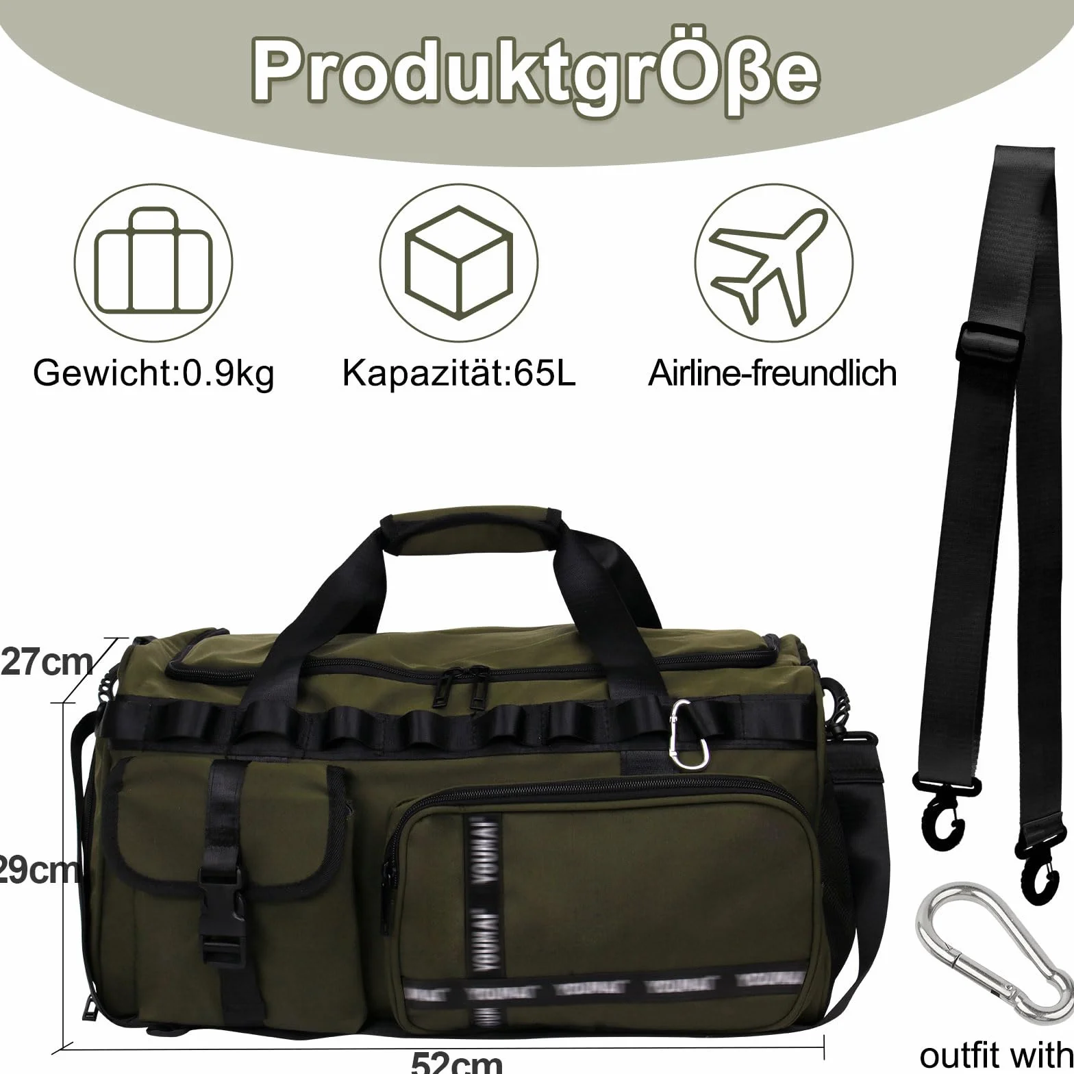 Sporttasche Damen mit Schuhfach & Nassfach 65L Gym Bag Reisetasche Caqui