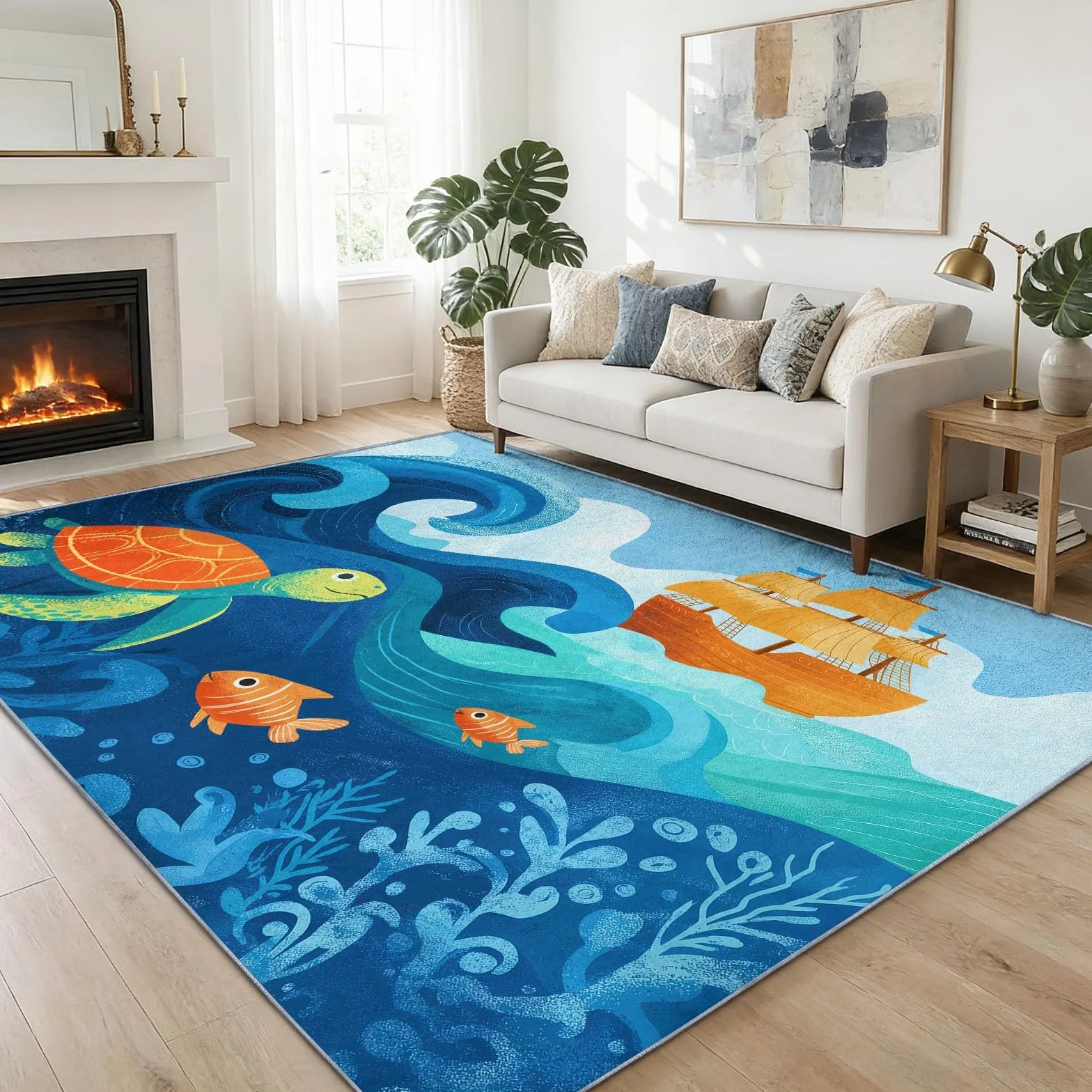 Alfombra suave antideslizante 120 x 170 cm barco pirata de dibujos animados olas tortuga alfombra de dormitorio pelo Ras, tema marítimo antideslizante moqueta, para dormitorio, pasillos, salón cocina