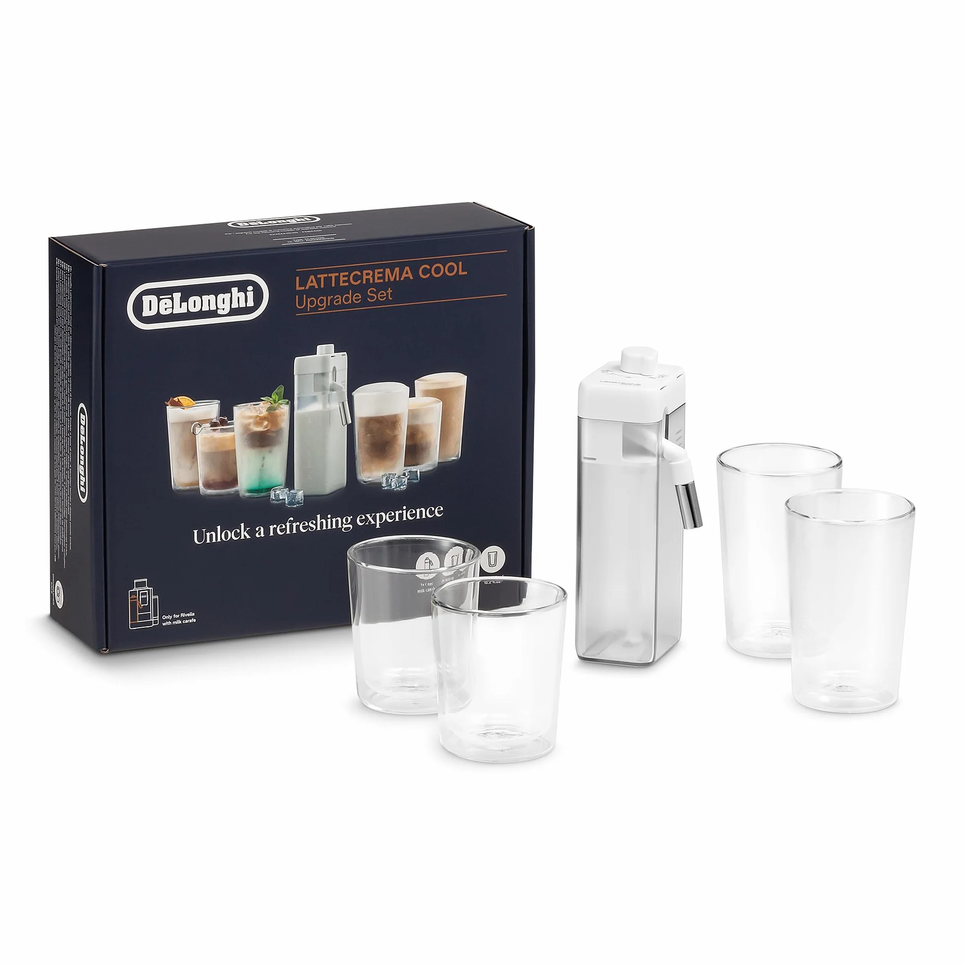 De'Longhi Rivelia LatteCrema Cool Upgrade Set para Recetas Frías DLSC032, Espumador Leche Fría para Máquinas de Café Rivelia, Incluye Jarra LatteCrema Cool, 2 Vasos Doble Pared de 400ml y 2 de 480ml