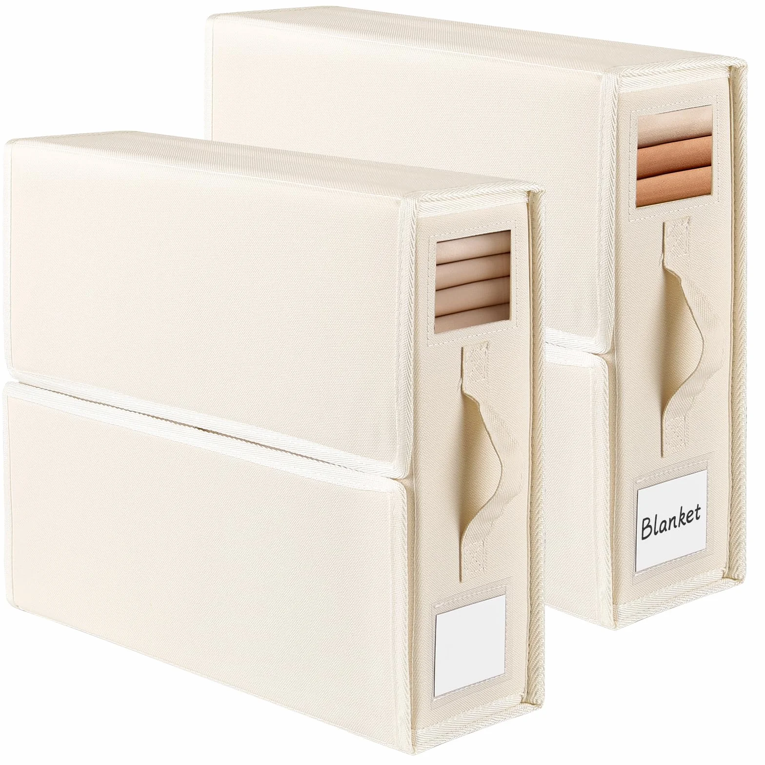 2 Piezas Caja Organizador Sabanas, Tela Oxford Organizador de Ropa de Cama Plegable con Ventana y Etiquetas, para Debajo de Camas, Armarios, Cajones (Beige)