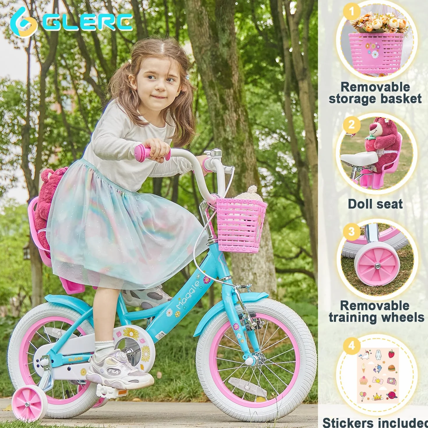Bicicleta rosa con cesta para niños 12 14 16 pulgadas con campana y ruedas de entrenamiento