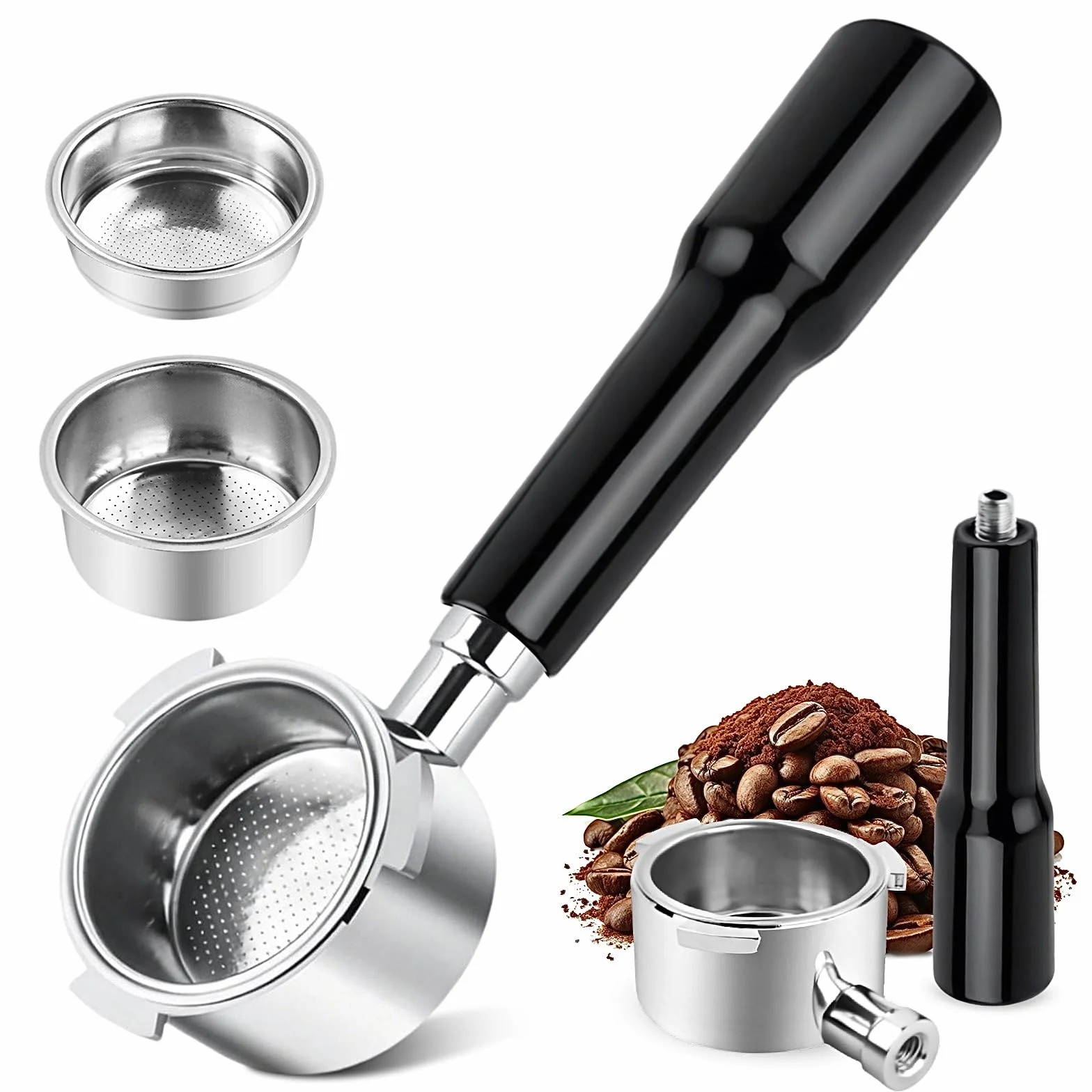 Portafiltro sin fondo de 51 mm con 3 Orejas Compatible con DeLonghi Dedica EC680/EC685/EC885, Portafiltro de Café con 2 Cesta de Filtro de Acero Inoxidable (Negro)