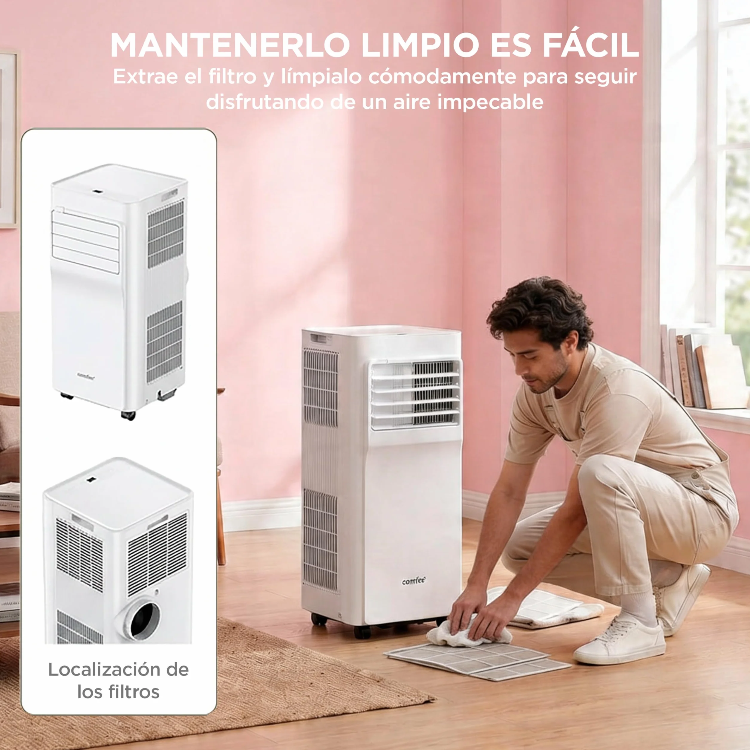 COMFEE Pingüino Aire Acondicionado Portátil 3 en 1 | 7000 BTU/1800 Frigorías Con App + Mando a Distancia | Climatizador y Deshumidificador | Bajo Consumo | Función Follow Me | Incluye kit de ventana