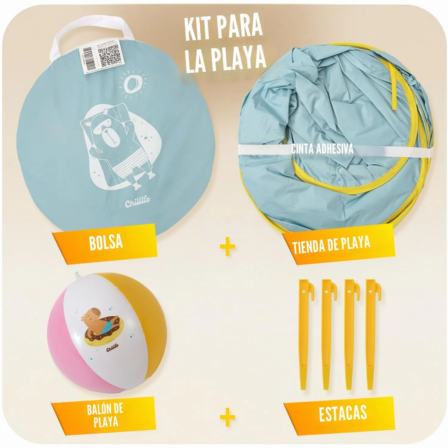 Chillife Tienda de Playa Pop Up para Bebés con Protección UV 50+ y Cortavientos, Diseño Globo Capybara