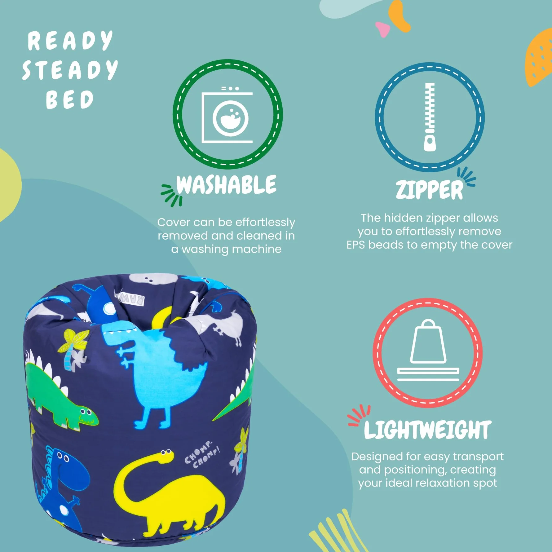 Ready Steady Bed Sillón para Niños Pequeños Tipo Puff Pera | Muebles Cómodos para niños | Sofá Suave de Sala de Juegos para Niños | Ergonómicamente Diseñado (Dino Dark)