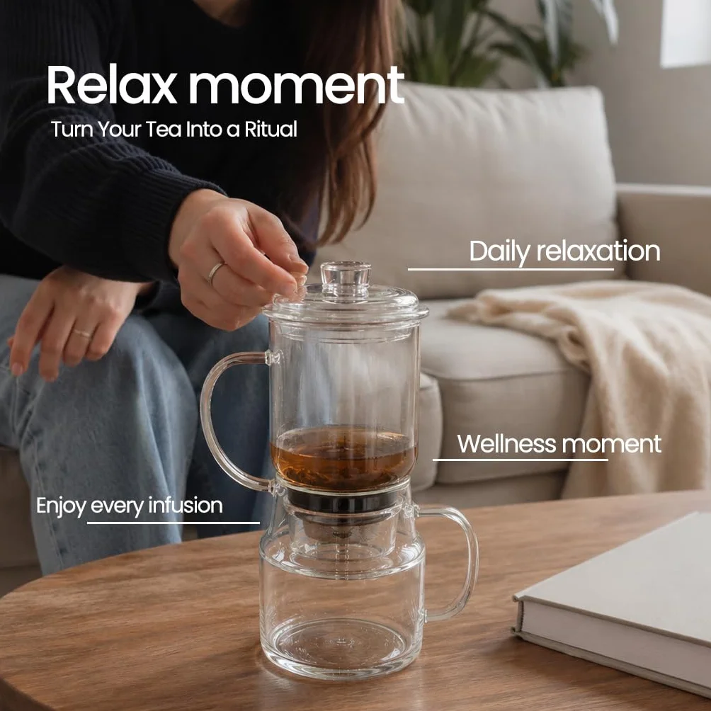 Tetera con Infusor 350 ml, Vidrio – Tetera Cristal para Infusiones y Té a Granel, Infusor con Flujo hacia Abajo – Ideal Infusión Fría o Caliente, Sin Residuos – Regalo Original