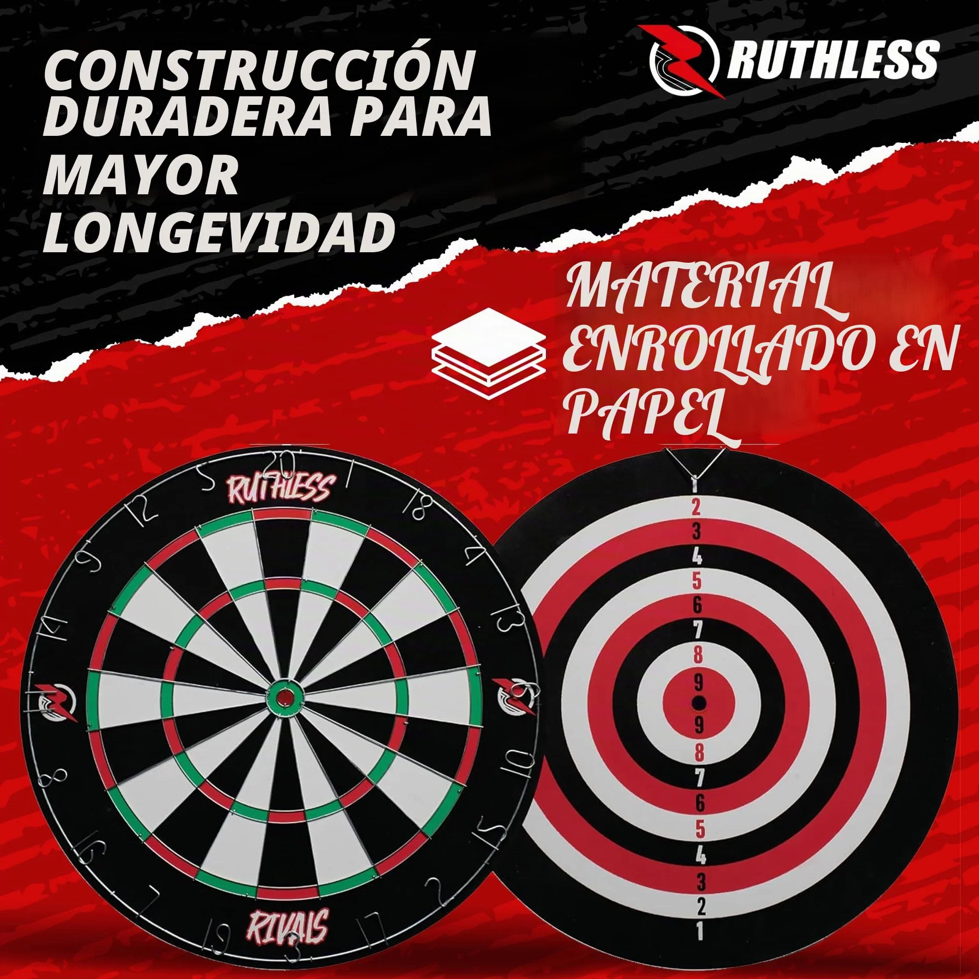 Ruthless Rivals DB074 Juego de mesa de dardos de doble cara 18 pulgadas diana familiar con 2 juegos de dardos