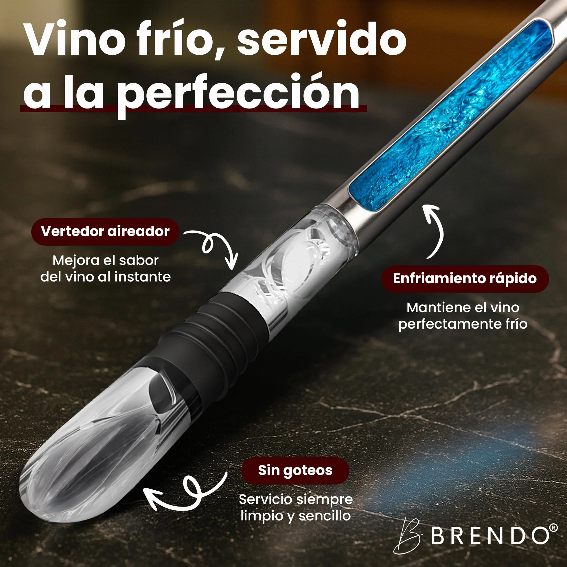 Brendo Enfriador de Botellas de Vino 4 en 1 – Varillas Enfriadoras de Acero Inoxidable en 2 Longitudes + Vertedor + Decantador + Tapón | Set de Regalo para Hombres y Mujeres | Accesorios para Vino