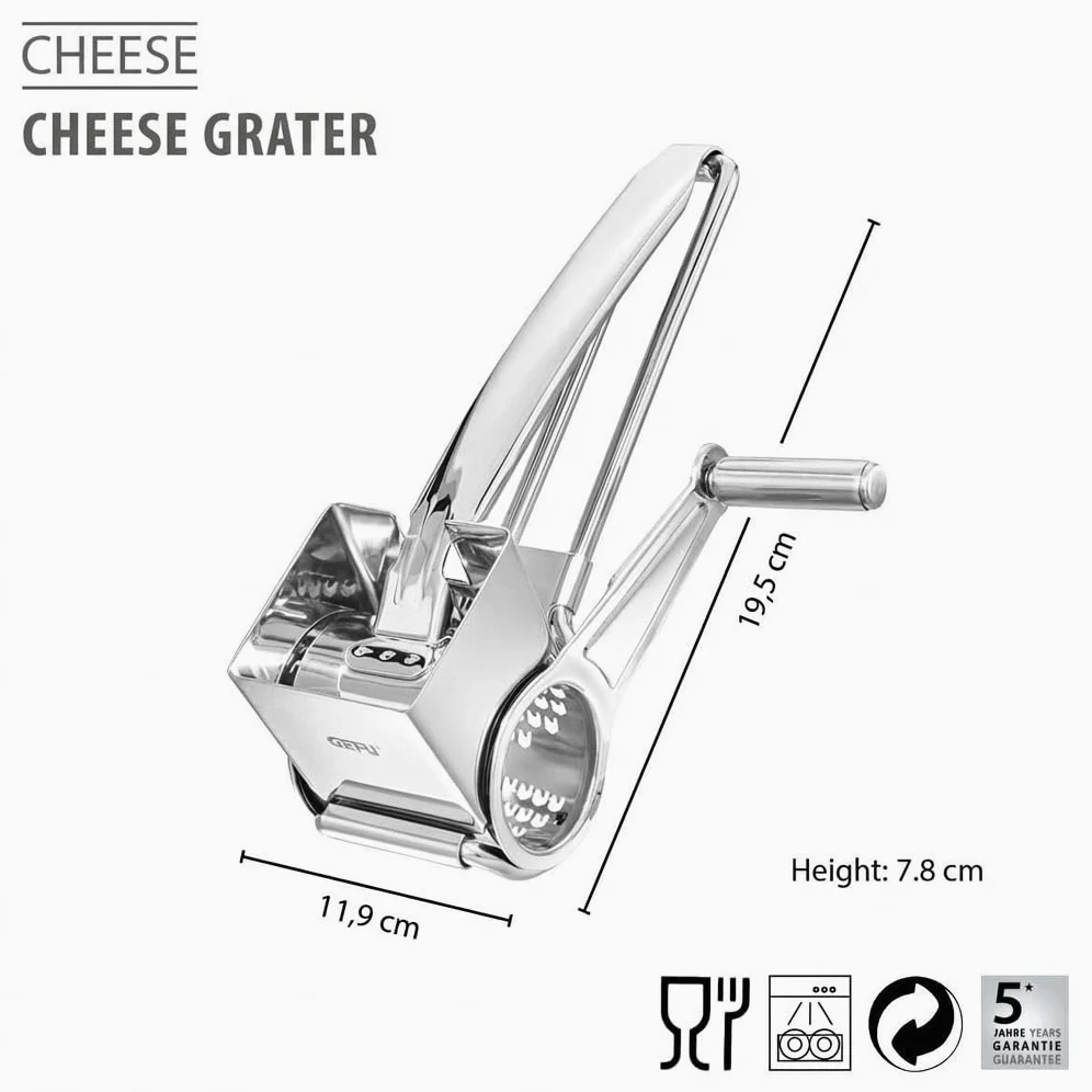 GEFU Queso - Rallador de queso con tambor de corte láser | Rallador universal para queso duro, chocolate y frutos secos, apto para lavavajillas, manivela para diestros y zurdos