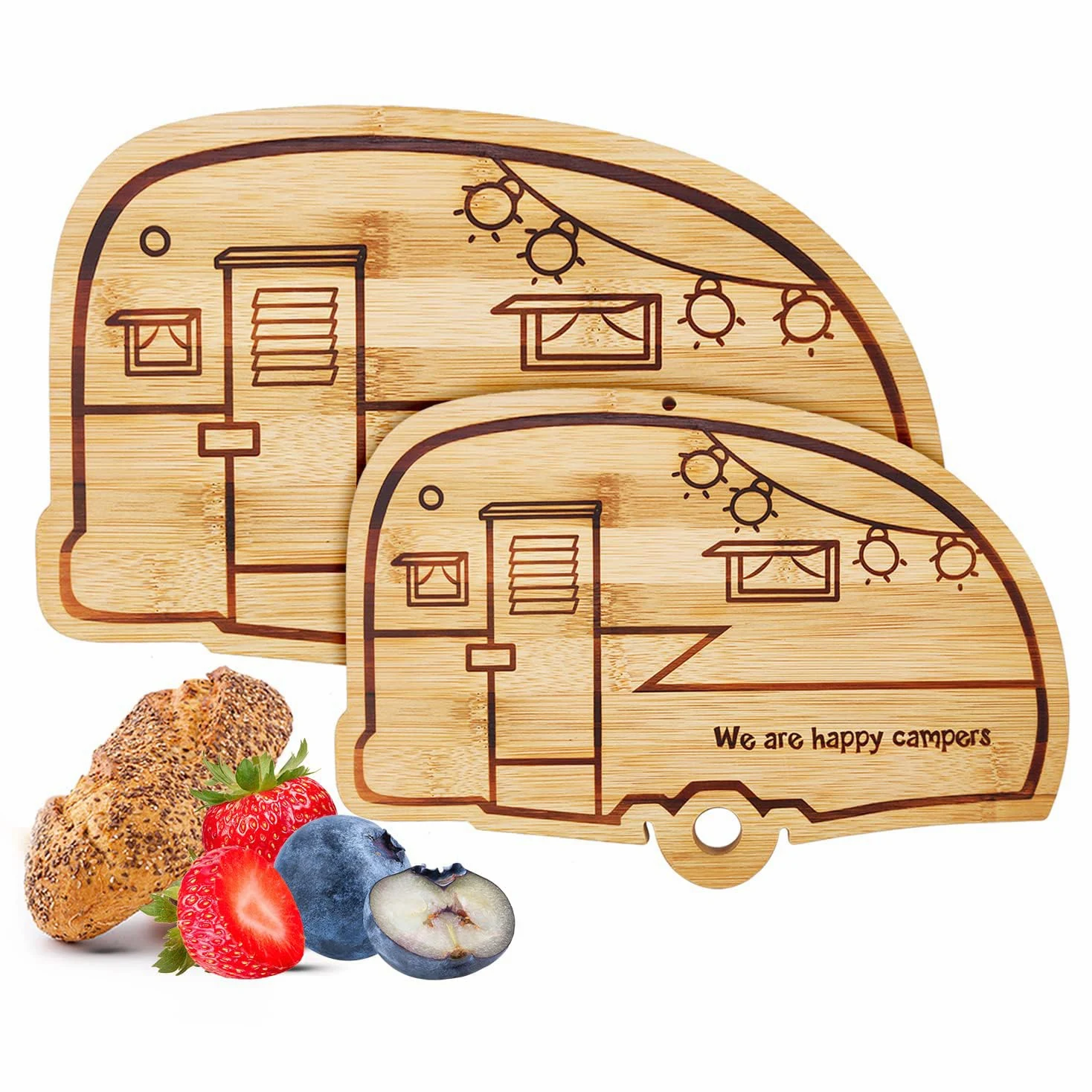 Juego de tablas de cortar de bambú para caravana, accesorios de cocina, 2 piezas, juego de tablas de cortar de madera RV con ranuras para jugo, agujero para colgar, para carne, verduras y queso,