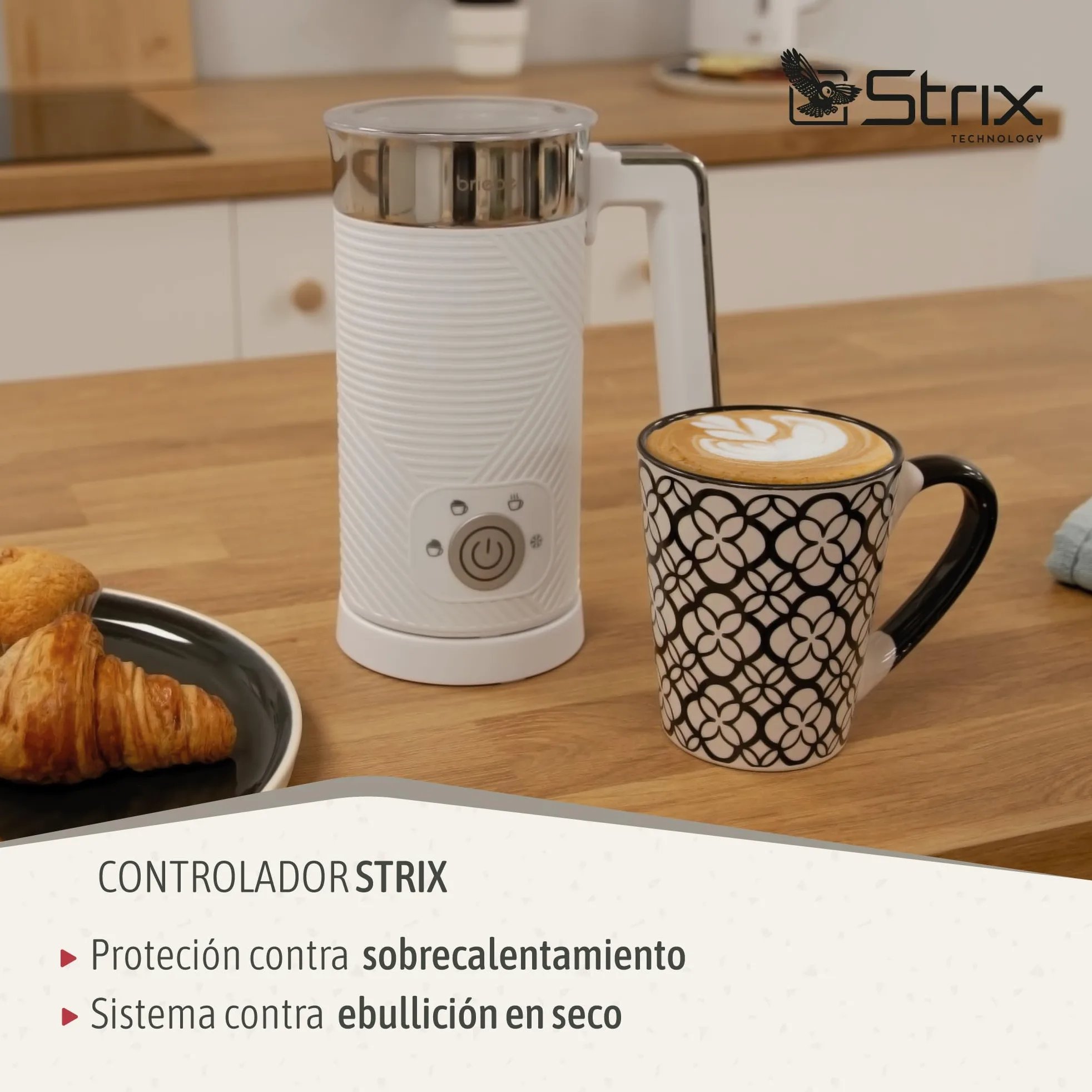 briebe Elegance Espumador de Leche Eléctrico Calentador 4 en 1, Espuma Fría/Caliente 130ml para Café Latte, Capuchino, Macchiato, Leche Caliente 300ml, Milk Frother, Libre BPA, 500W, Diseño Blanco