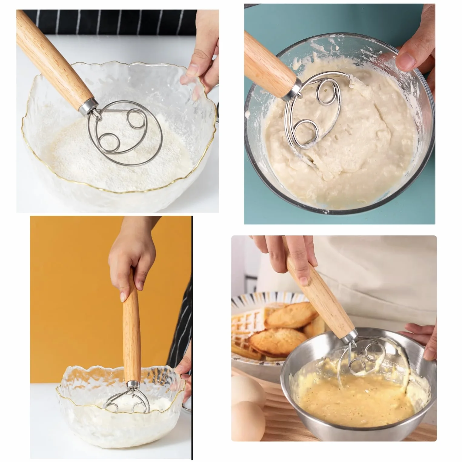 JZK Batidor de Masa Danés de 33 cm y 25.5 cm, 2 piezas con mango largo de madera, batidor para pan, galletas y pasteles, herramienta manual para amasar y hornear