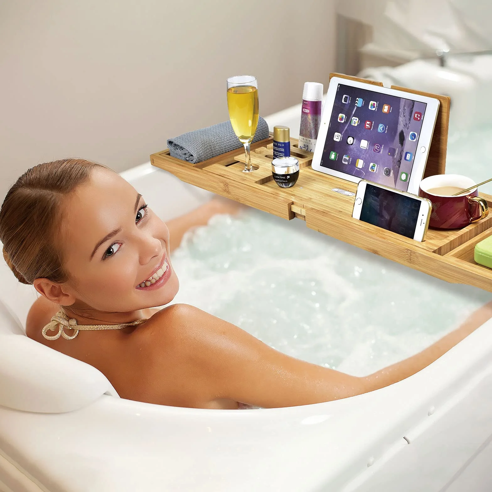 Bandeja de Baño de Madera para Bañera|Organizador Ajustable Extensible para bañera|Andeja de baño con Soporte para Copa de Vino|iPad|móvil y más|Bandeja de Baño Regalo Distintivo para Navidad