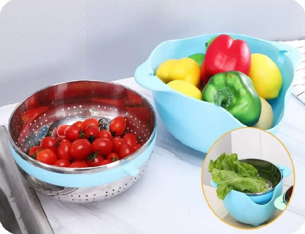 Colador Colador 2 en 1 Cestas de Frutas giratorias para Cocina Coladores microperforados Desmontables Autodrenantes para Pasta Arroz Espagueti Fideos Ensaladas Verduras (Azul)-Blue