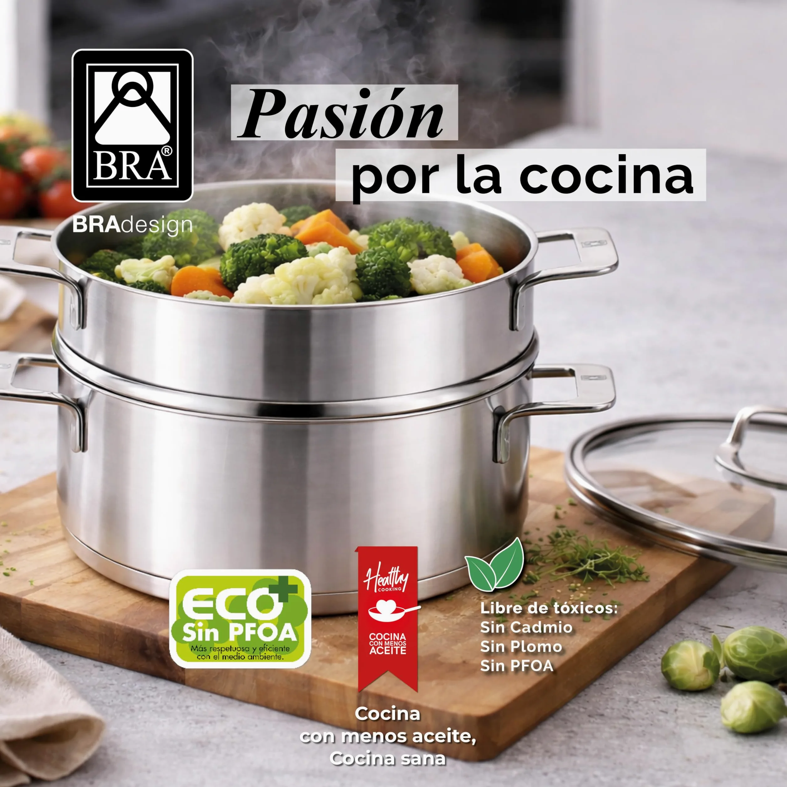 BRA Signature | Set cocina al vapor 24 cm con tapa, Acero Inoxidable 18/10 | Sin antiadherente, Cacerola 24 cm con Vaporera y Tapa de vidrio, 3, 75L, apta para inducción, triple fondo full induction