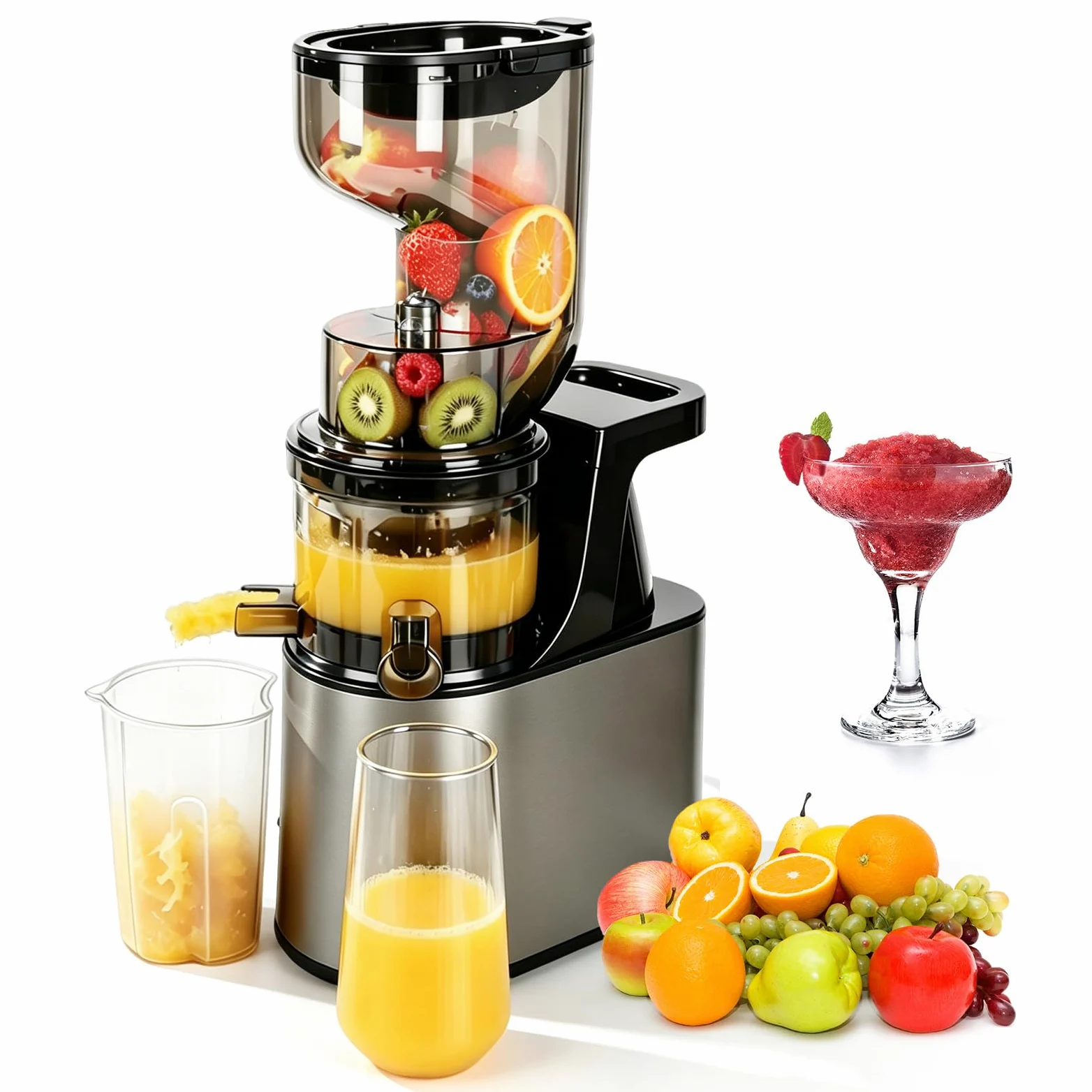 Extractor de Jugo Slow Juicer 1L, Entrada XXL de 160 mm | Hasta 97 % de Rendimiento, 2 Sistemas de Filtro para Zumo Sorbete Leche Vegetal & Helado de Frutas, Recetario Incluido