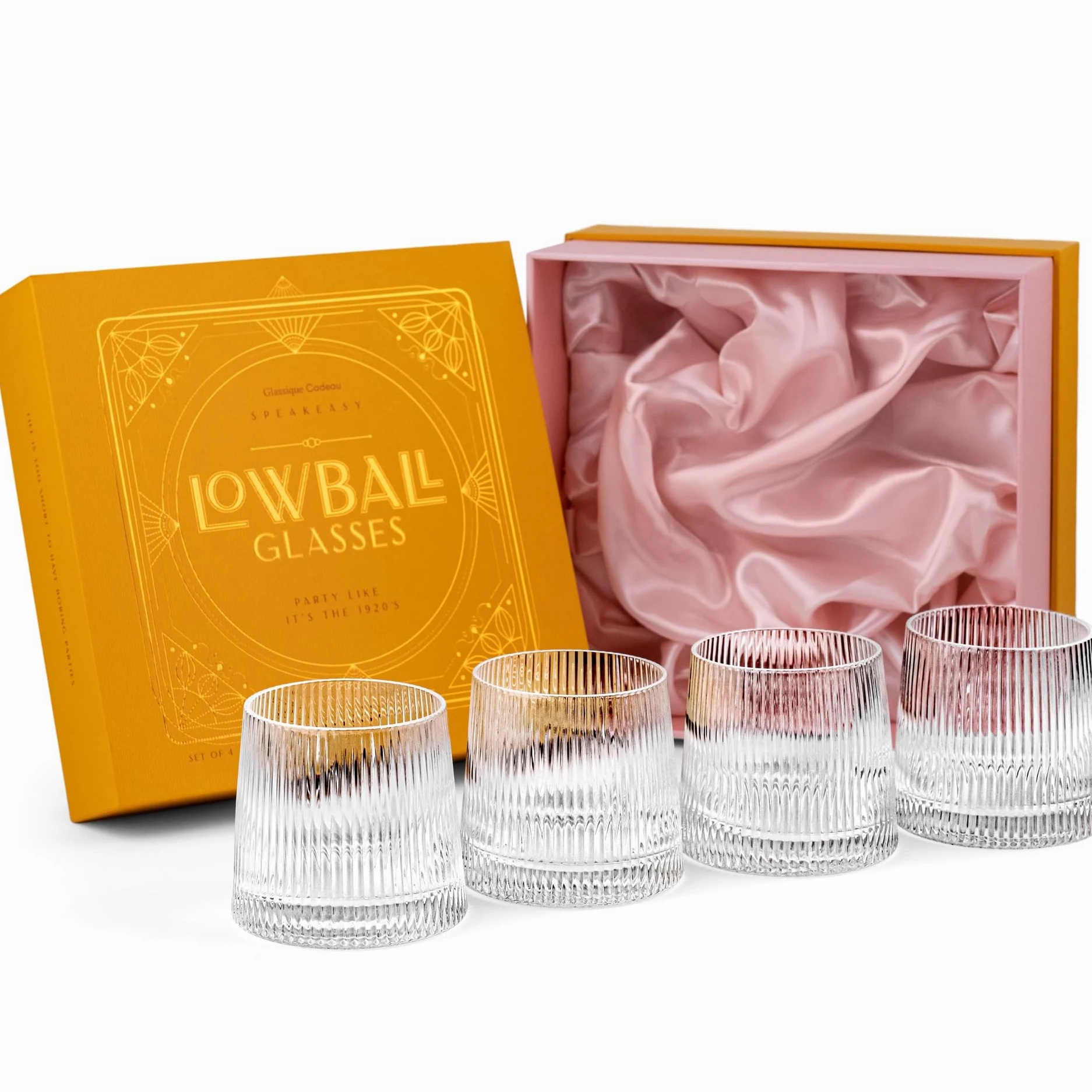 Vasos a la Antigua de Cóctel Art Déco Speakeasy | Juego de 4 | 260 ml | Copas de Cristal Acanalados para Cócteles Clásicos de Ginebra, Ron, Whiskey | Vasos de Cristalería Elegantes