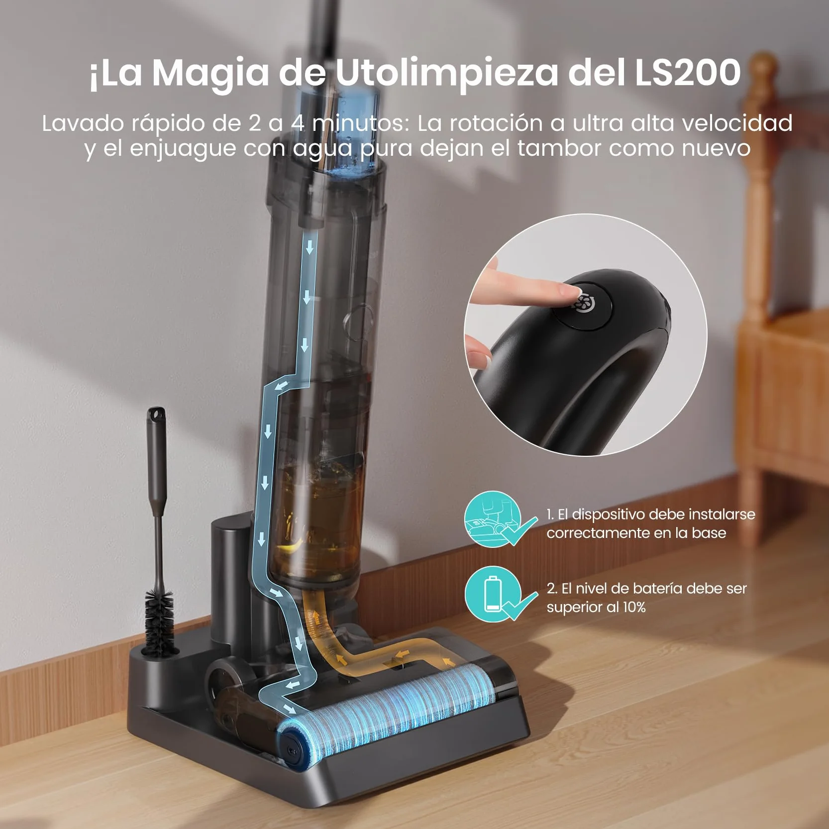 Lefant LS200 Aspiradora Fregadora Sin Cable, 13 000 Pa, 3 en 1 Barre Aspira Friega, 30 Min de Autonomía, 216㎡, Borde de 5 mm, Autolavado, Ligero y Fácil de Usar, para Suelos Duros