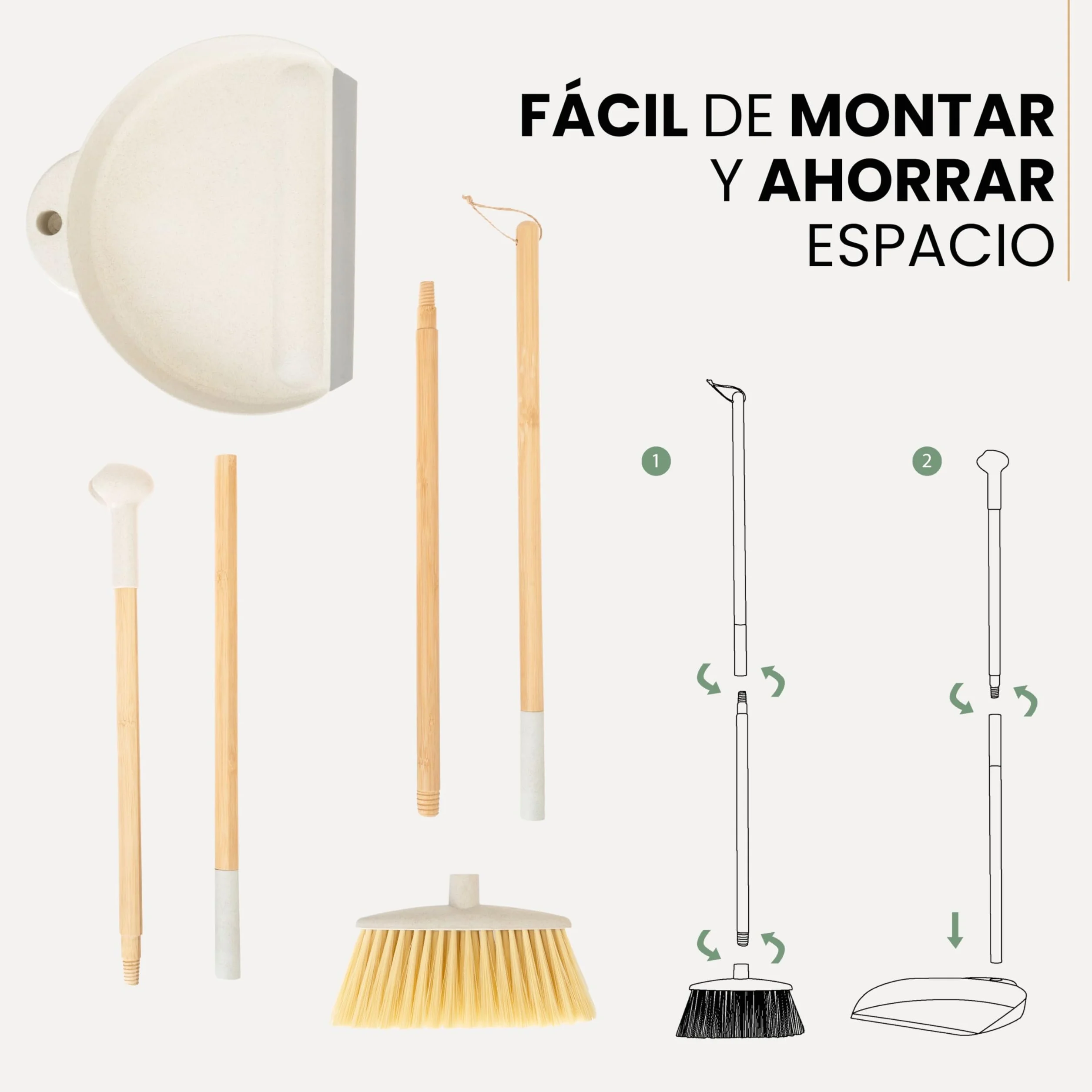 Vigar Zeroline Escoba y Recogedor Mini Desmontable Sistema Clic, Mango Bambú Natural con Regleta Goma, Cepillo Barrer Broom and Dustpan Set Compacto para Limpieza Hogar Cocina Interior, Gris
